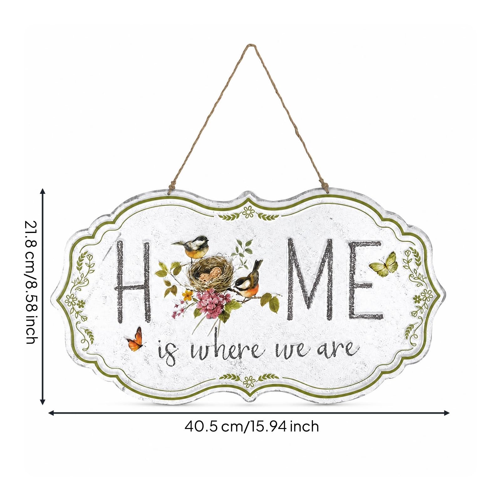 Placa de Pared para Exterior Cartel Decorativo Metálico Placa Colgante Letrero de Hierro con Pájaros y Hojas Diseño Clásico Envejecido con Cuerda, HOME