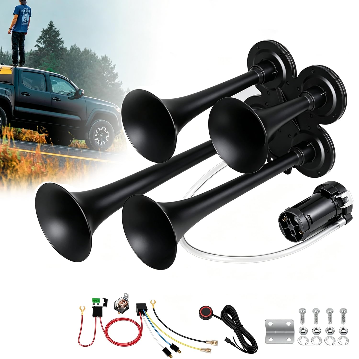 Trombe Camion,Clacson Super Rumoroso Da 150 Decibel,Tromba a 4 Tubi Con Compressore e Pompa d'Aria, Adatto a Tutti i Veicoli Da 12v Come Auto, Camion, Furgoni, Motociclette, Barche, Ecc.