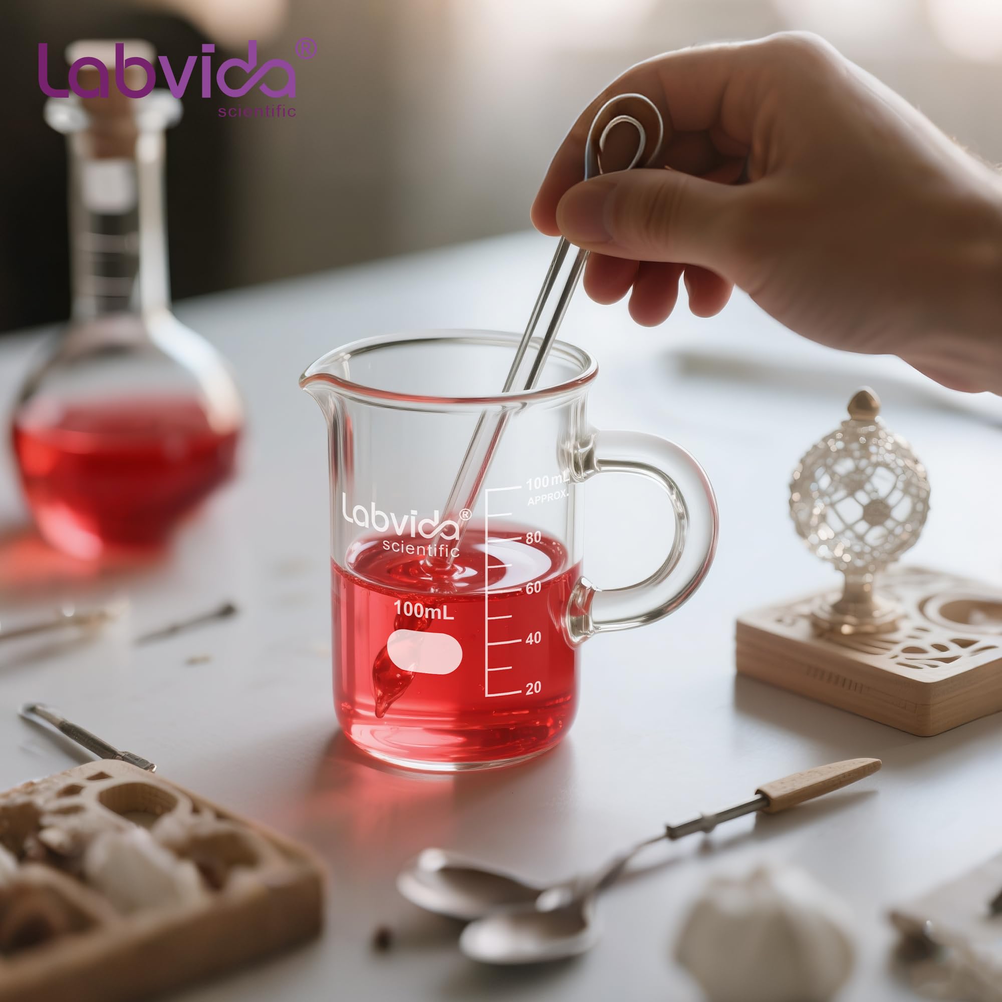 LVAT002 - Vaso de vidrio con asa, 4 unidades de vol. 500 ml, borosilicato 3.3 Griffin de forma baja con graduación impresa, LVAT002