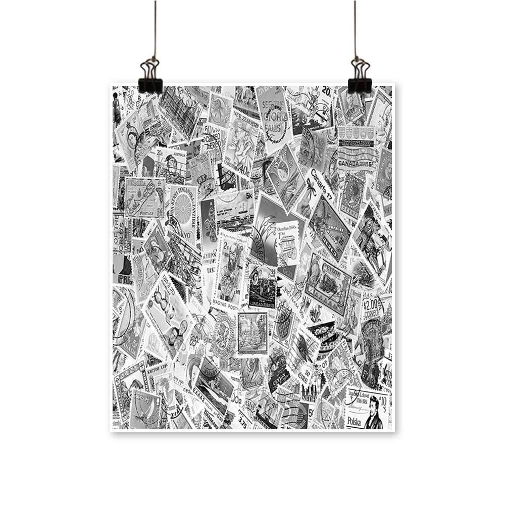Modern Painting Vintage Black and White Image of Large World Postage Stamps Travel Hobby Theme Artwork for Home Decorations,24" W x 40" L/1pc(Frameless)
