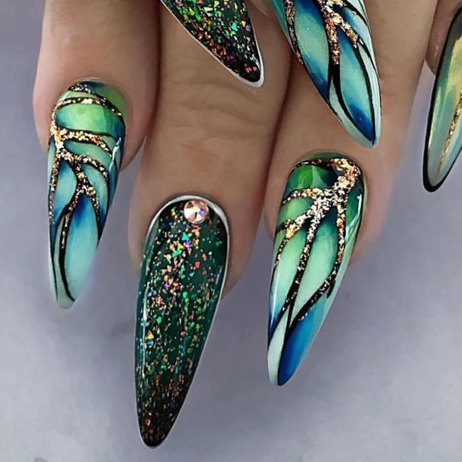 Press on Nails Almond Medium Artificial Acrylic Fingernails Rhinestones Gold Glitter Powder Design Almond False Nail Green French False Nail Full