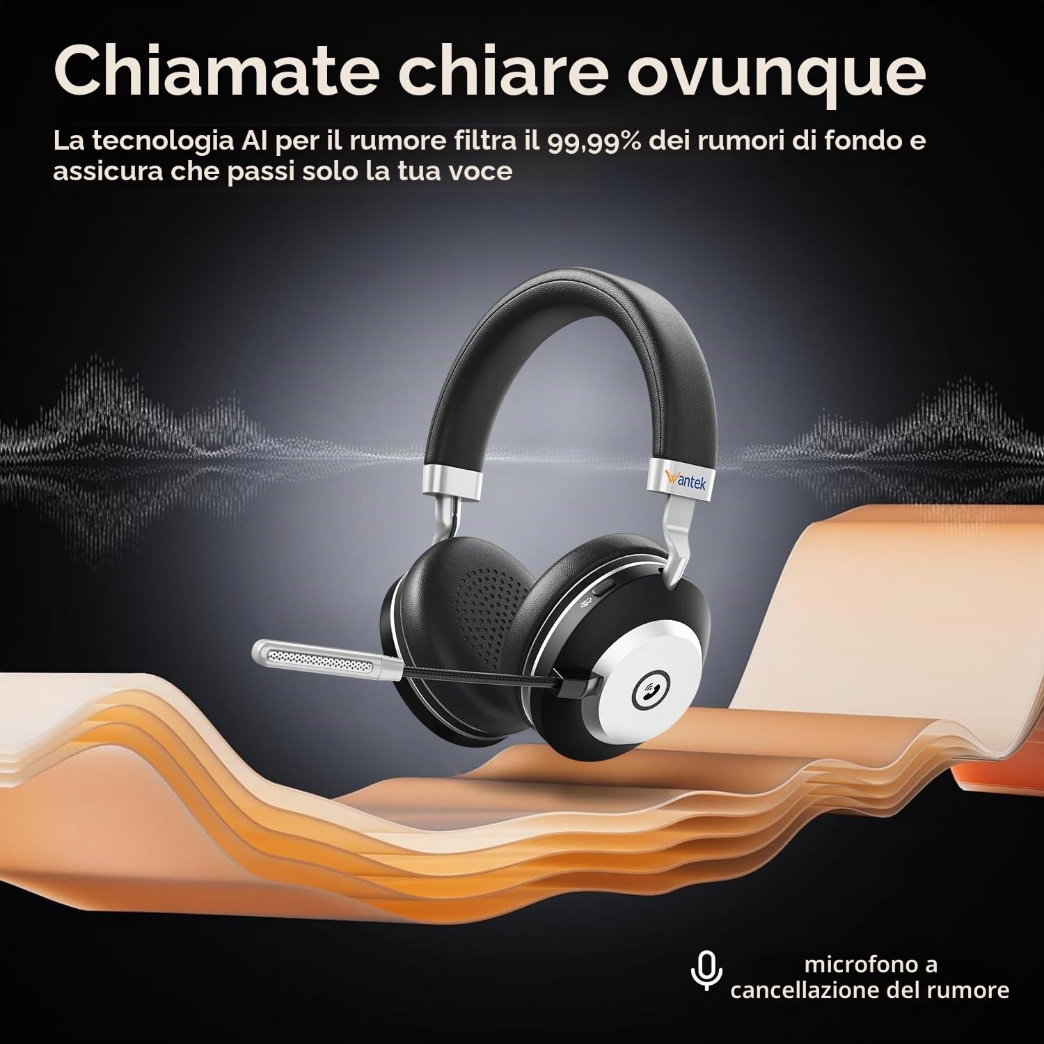 Wantek ‌Cuffia Business Noise Cancelling Attivo & Ricarica Wireless - Doppia Modalità BT5.3/2.4GHz, 45h Autonomia, Driver 40mm 116dB + IPX4 per PC/PS5/Smartworking