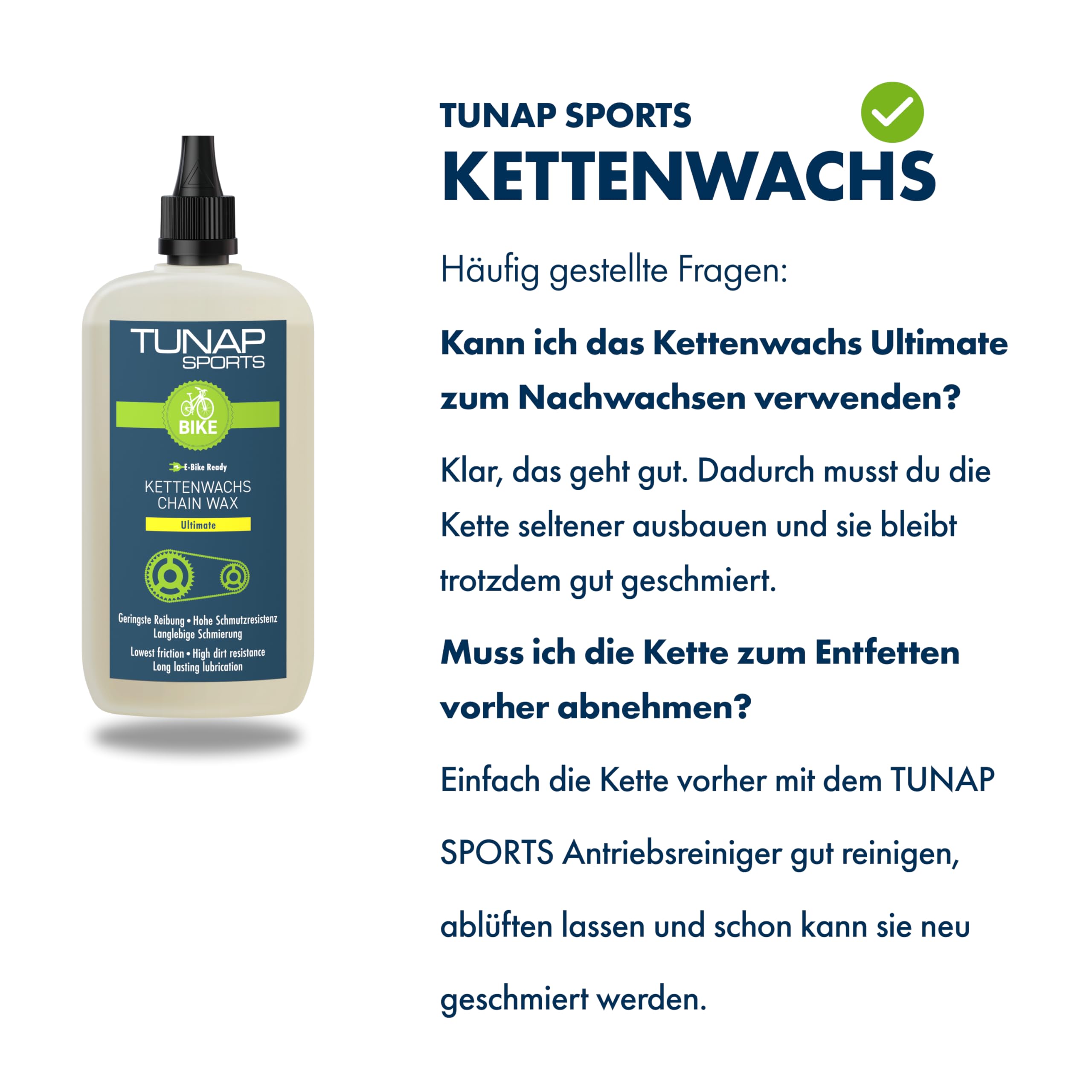 TUNAP SPORTS Flacone contagocce Ultimate – 100 ml | Matrice di cera grassa con particelle di ceramica per catene di biciclette | E-Bike Ready | Made in Germany