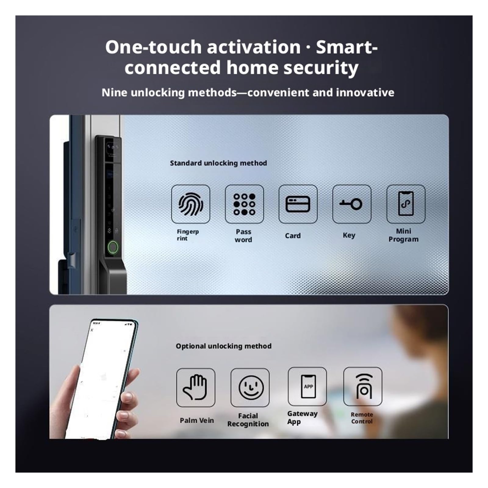 Serratura intelligente, Smart Lock con riconoscimento facciale 3D completamente automatico for impronte digitali for porta del cortile in alluminio ponte rotto(Noir,01)