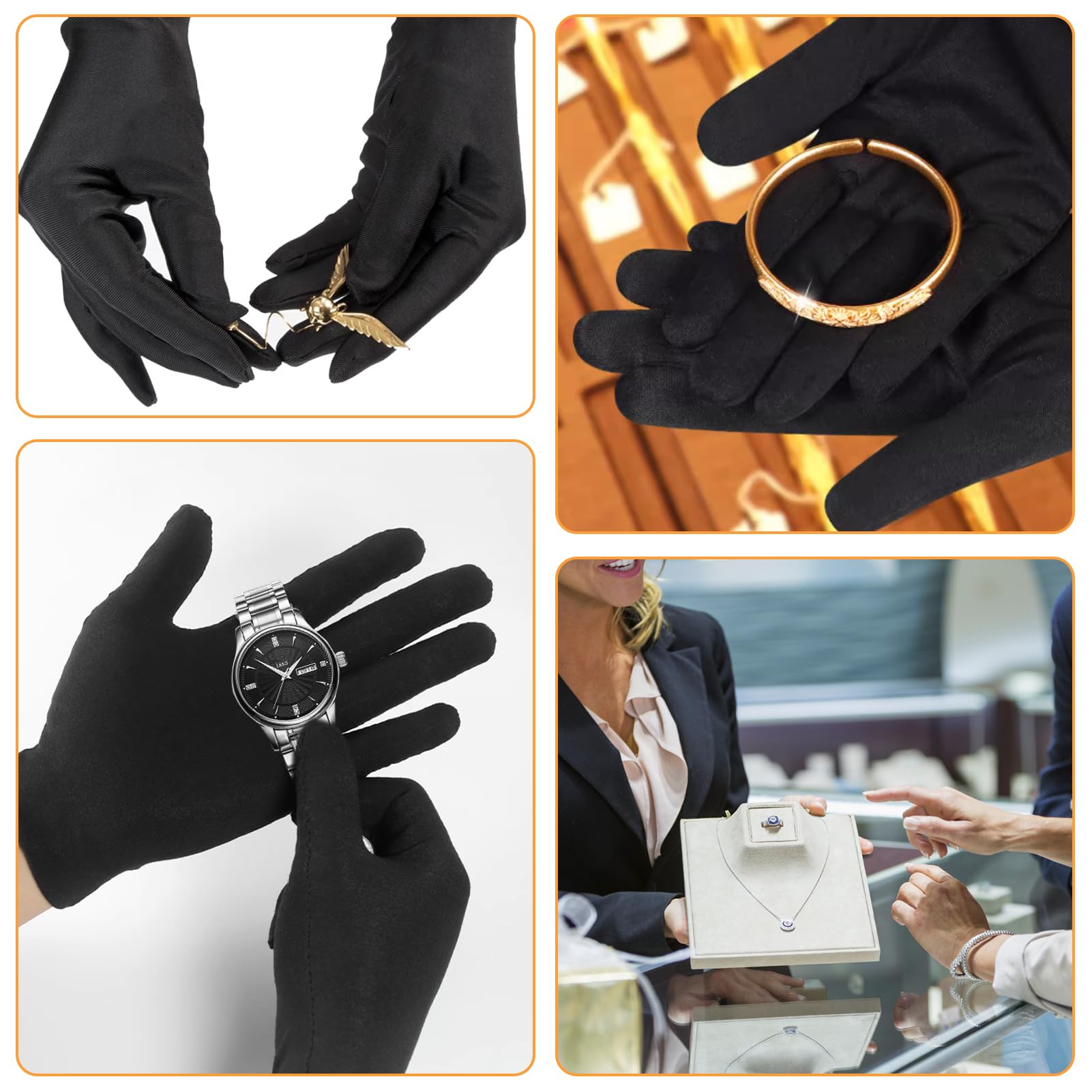 Guantes de Algodón Negros - 2 Pares, Finos para Joyas, Crema Hidratante de Manos