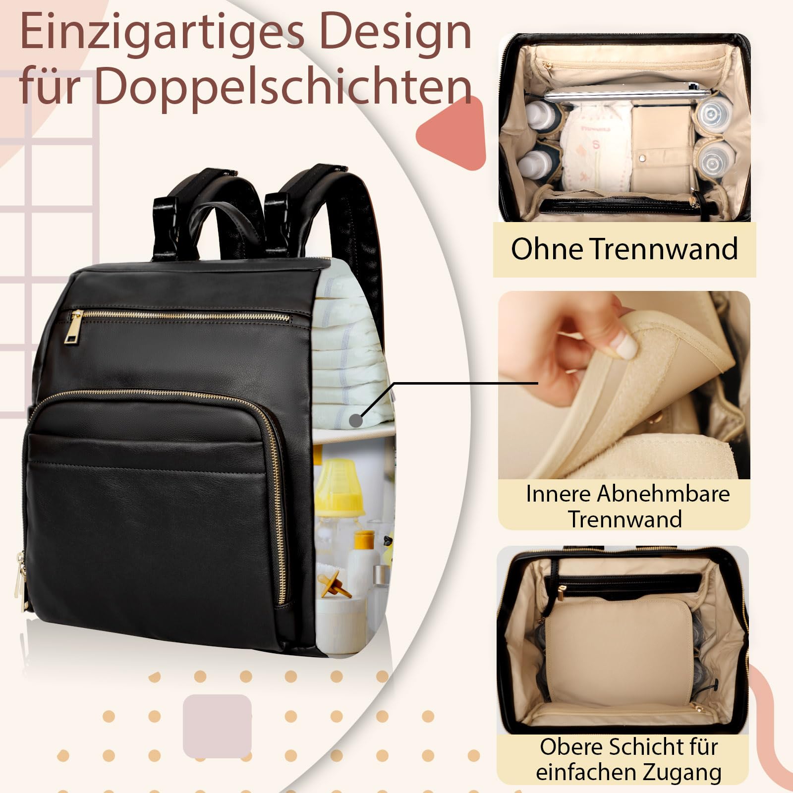 MISS FONG Wickelrucksack Wickeltasche Große, Baby Rucksack Wickelrucksack Leder Lässig Babytasche Kapazität Mit 18 Wickeltasche Organizer, Wickelunterlage für Mama & Papa-Schwarz