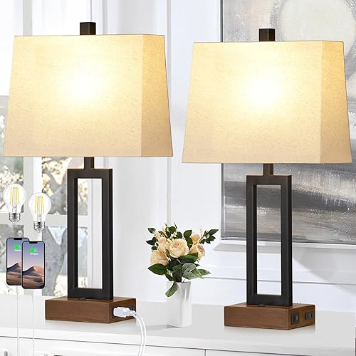 Lámpara de mesa para dormitorio, juego de 2 con 2 puertos USB y toma de corriente alterna, lámpara de noche moderna de 23.5 pulgadas, lámpara de