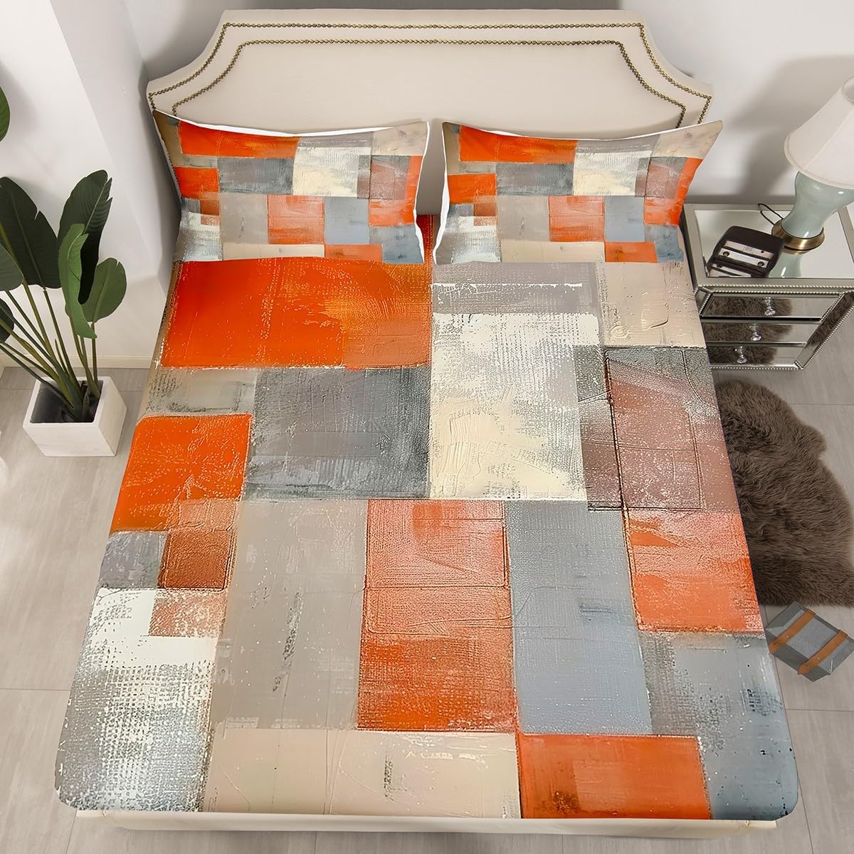 Erosebridal Brown Gradient Bed Sheets Orange Grunge Fitted Sheet Full Size, Grey Watercolor Tie Dye Sheets Aesthetic Graffiti Bedding, Gray Graffiti Hippie Bed Cover Decoratives 3pcs Cozy Soft