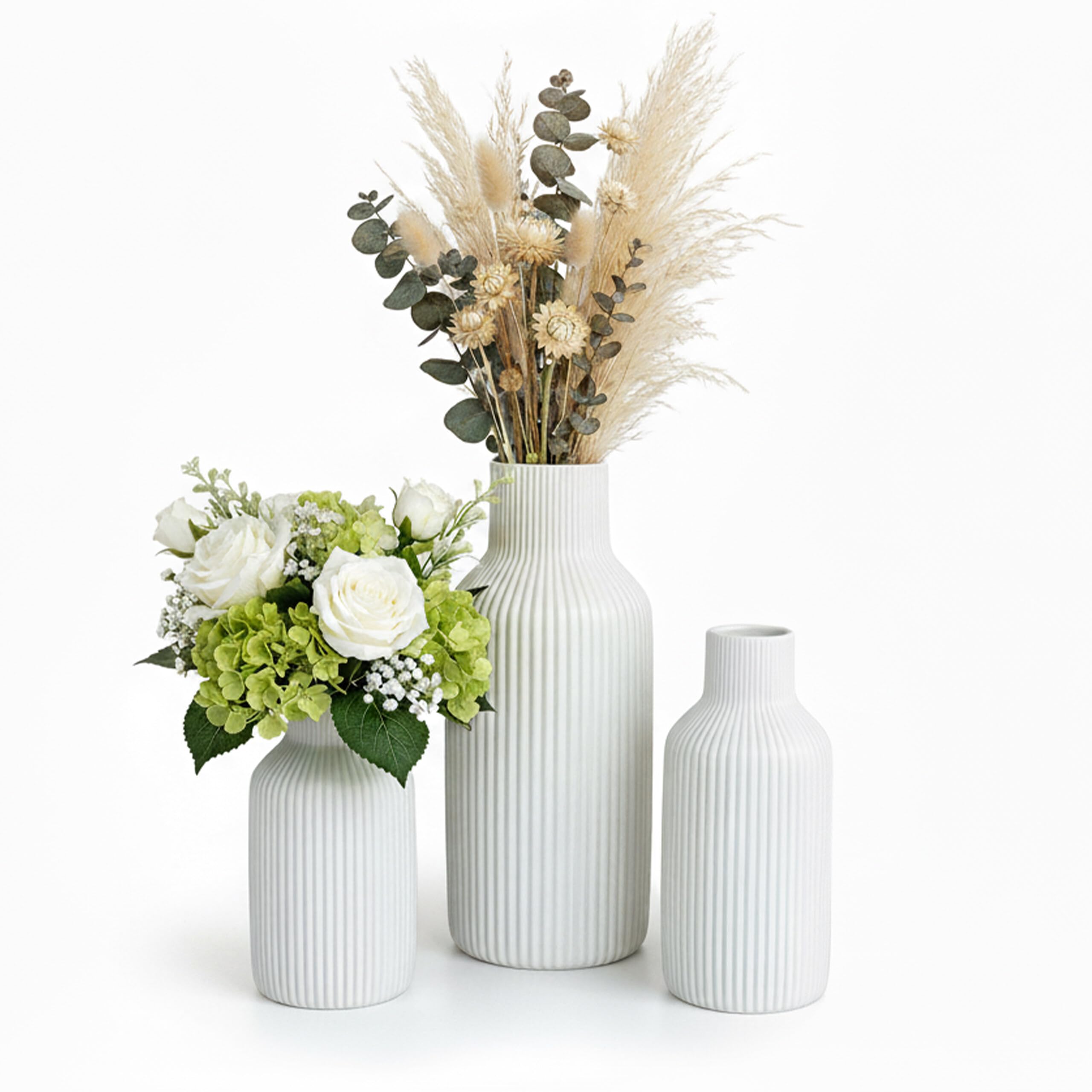 Relaxdays Vases Set of 3, Flower Vases, 3 Sizes, Fresh & Dried Flowers, Ceramic Decor, Table Centrepiece, White