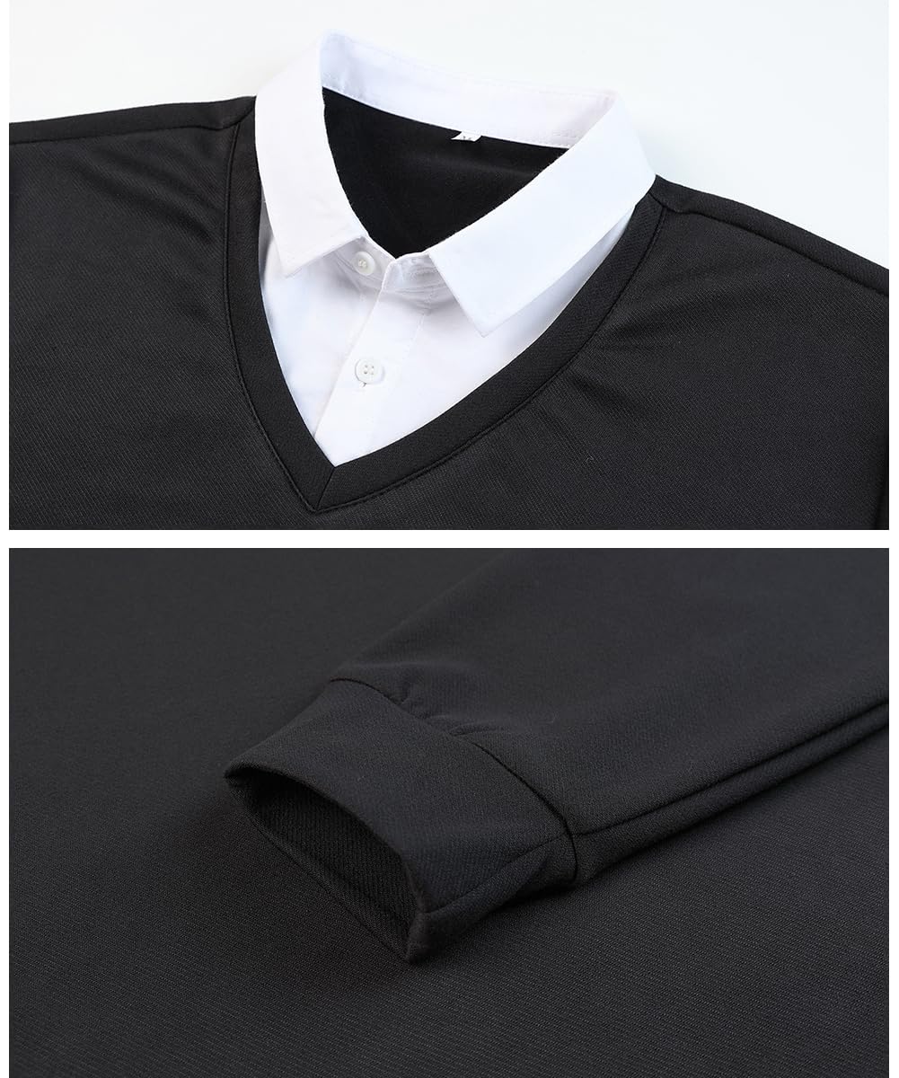 Herren Pullover mit Hemdkragen Pulli Langarm 2 in 1 Hemd Kragen Pullover V-Ausschnitt Feinstrick Strickpullover