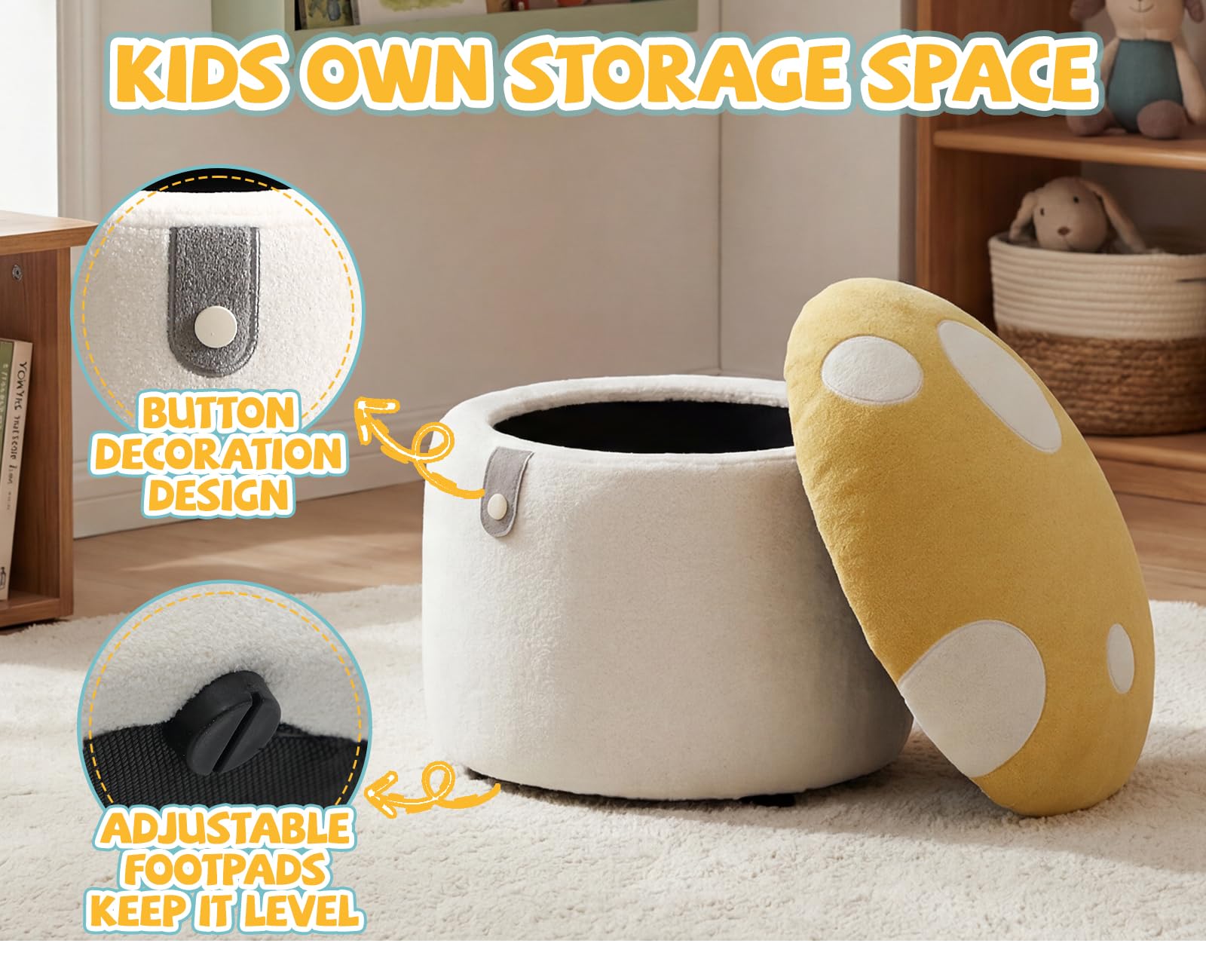 Ya-Home Otomano Bajo 41X33X33cm Taburete con Almacenamiento para Niños de Chenille, Amarillo