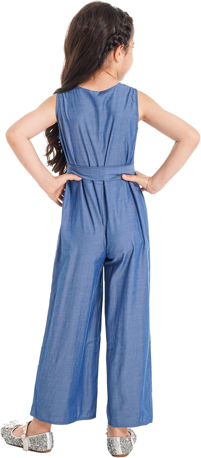 Freebily Kids Girls Sleeveless Denim Overalls High Waist Button Closure Wide Leg Baggy Jumpsuit with Waist Belt