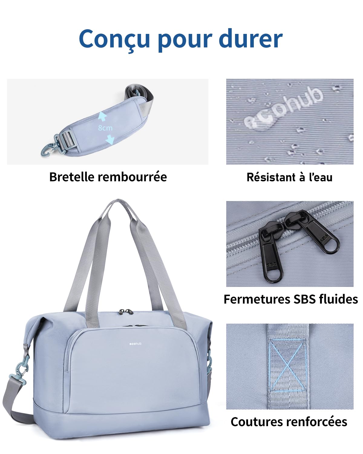 ECOHUB Sac de Voyage Femme, Bagages Cabine 45x36x20 Easyjet, Sac Voyage Cabine avec Amovible Poche Humide, Sac Avion Weekend, Bagage à Main Valise Léger Imperméable, d'Hôpital, Week-End, Gris-bleu,30L