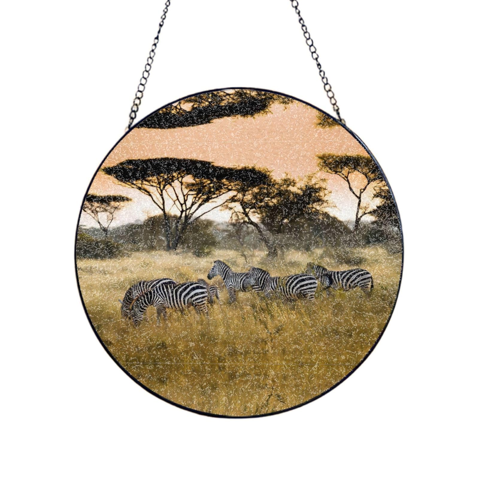 Phayah Africa Grassland Zebra Print Stained Glass Window Hanging Suncatcher For Door Terrace Garden Home Decor Sun Catcher Birthday Gifts For Lovers Dad Mom 12in（30cm）