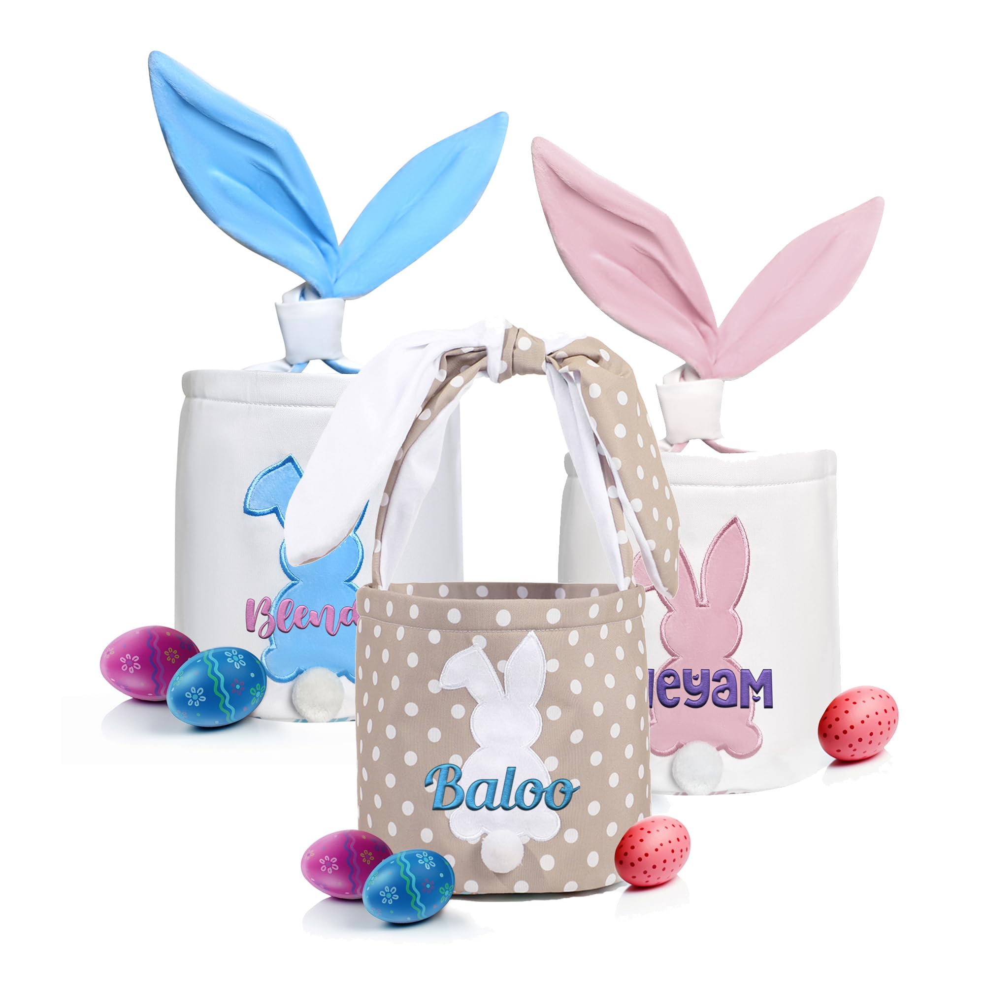 Coifrok Personalized Easter Basket Custom Embroidered Bunny Baskets for Kids with Cute Rabbit Ear Egg Hunt,Storage,Candies,Easter Gifts