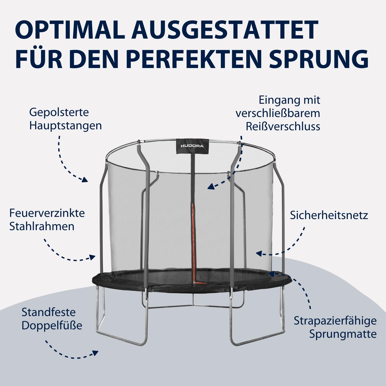 HUDORA Trampolin First in versch. Größen - Trampolin Outdoor mit UV-Stabiler Randabdeckung & Sicherheitsnetz - Gartentrampolin für Kinder & Erwachsene - hochwertiges Kindertrampolin