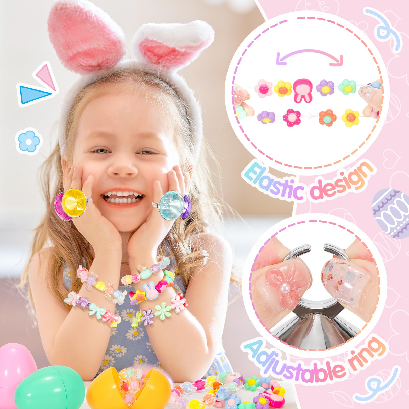 SevenQ - Lot de 24 œufs de Pâques pré-remplis avec bracelets et bagues - Bijoux pour enfants filles - Pour remplir le panier de Pâques - Cadeaux pour enfants - Jouets anti-stress - Favoris pour fêtes
