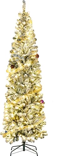 HOLLO STAR Árbol de Navidad artificial de nieve de 6 pies con 250 luces LED, árboles flocados con bisagras con soporte de metal, 518 puntas de ramas