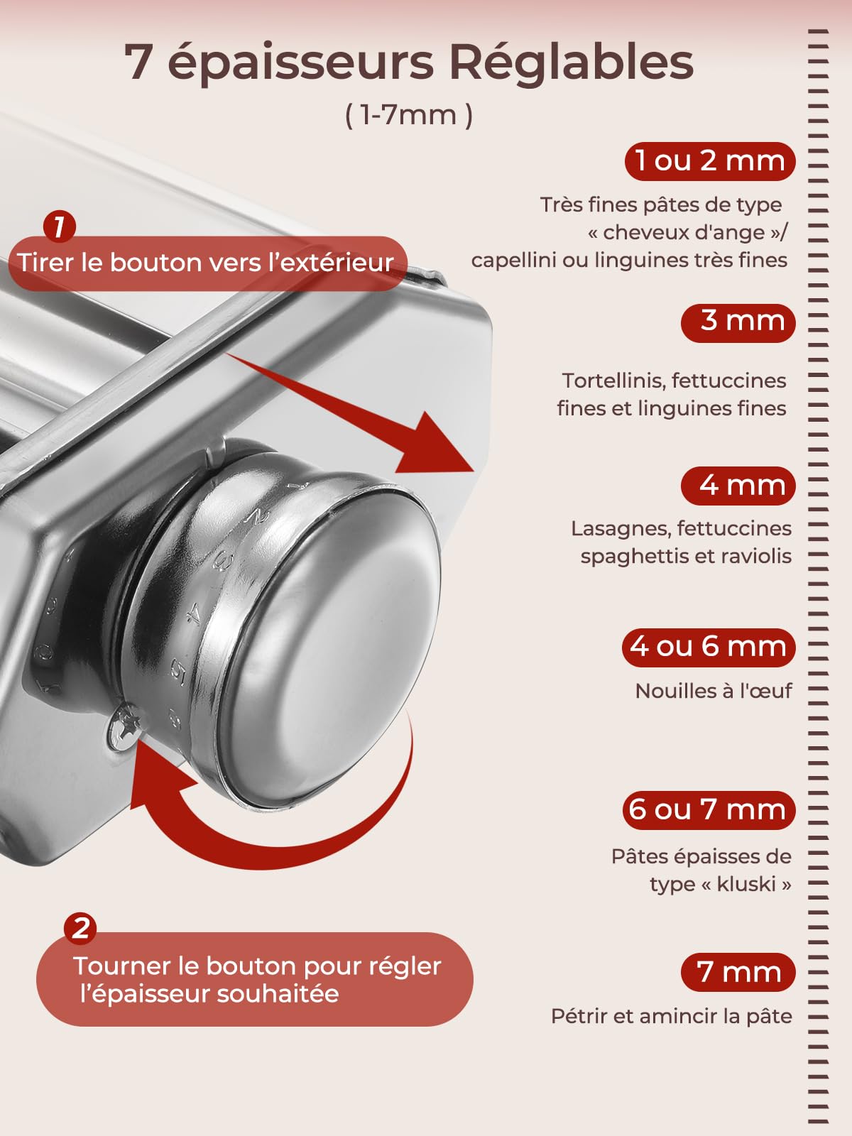 FOHERE Accessoires pour Machine à Pâtes pour KitchenAid Robot Pâtissier, Comprend Rouleau à Pâtes, Coupe-Fettuccines, Coupe-Spaghettis et Brosse à Nettoyage (7 épaisseurs Réglables)