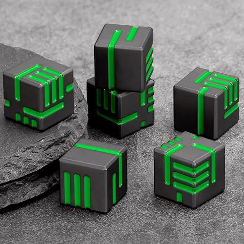 Miniatura 7 de Dados de metal D6, juego de dados de 6 caras de 0.630 in, juego de 6 dados ZHOORQI con temática tecnológica para DND, Warhammer, Shadowrun, TTRPG,