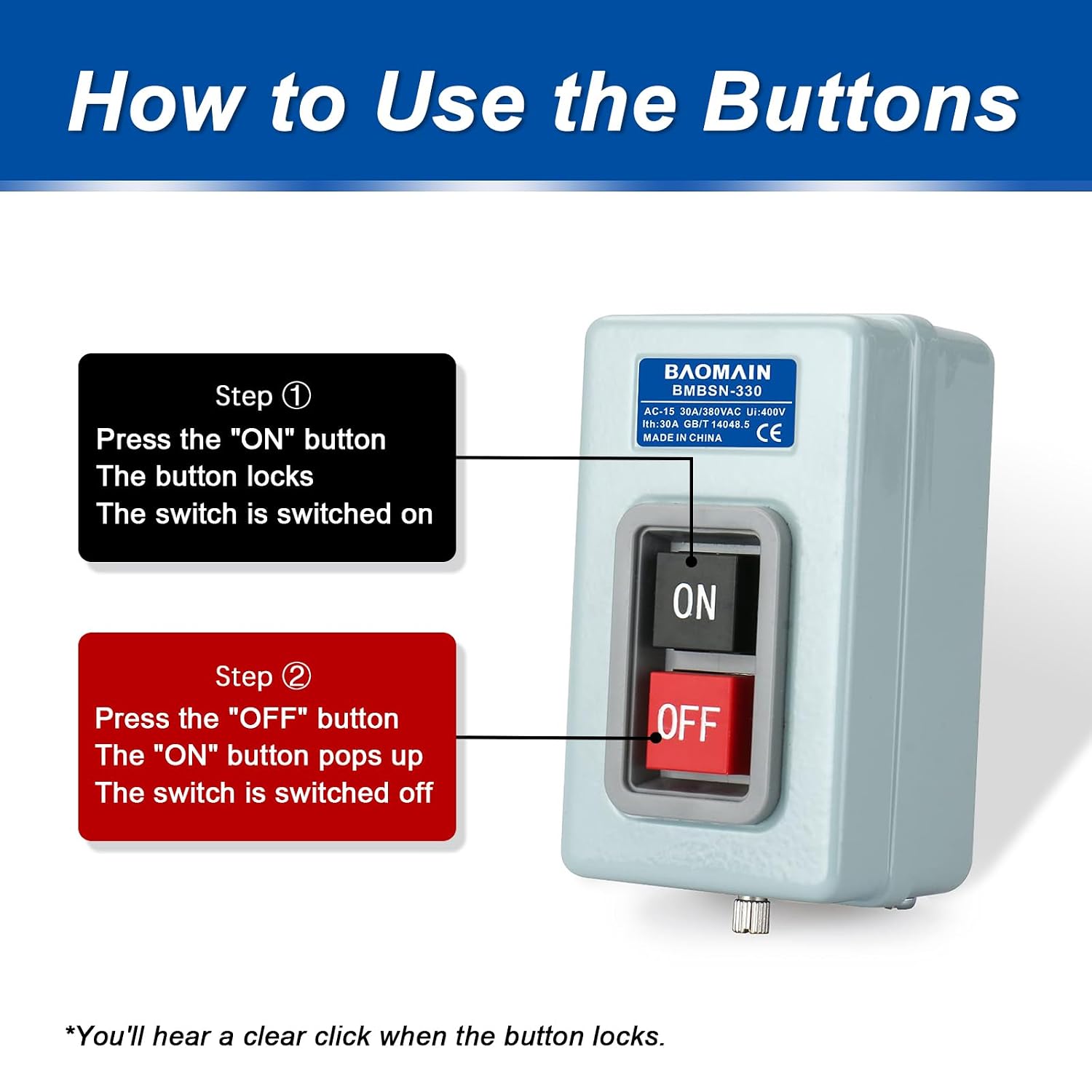 BAOMAIN 3-Phase 30A Motor Starter Switch,Self-Locking,Metal Case | 3-Pole self-locking Heavy Duty 220V/240V On/Off Industrial switch Power push button for CNC and pumps,BMBSP-330/TBSP-330
