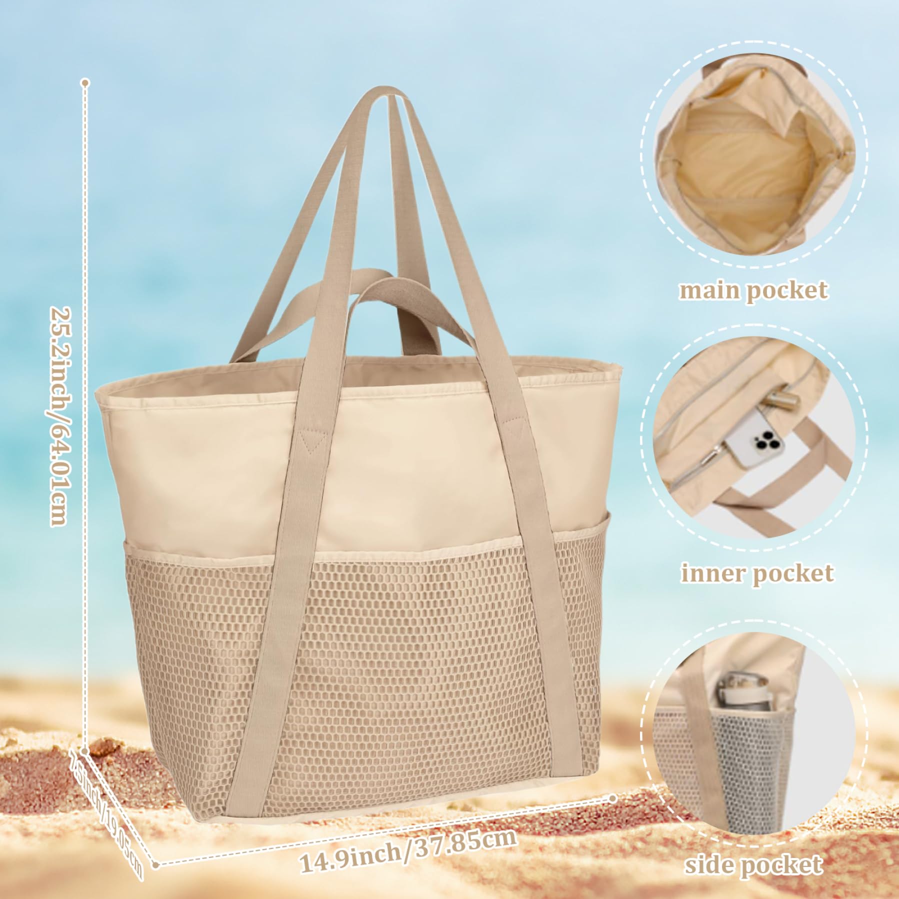 Sacs de plage pour femmes, sac fourre-tout de plage imperméable et résistant au sable, grand sac avec poches, piscine à chargement lourd 50 lb avec fermeture éclair, sacs familiaux lavables en m