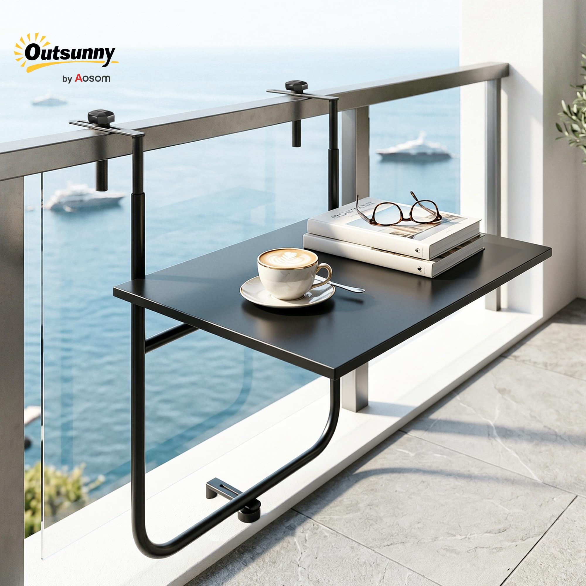 Outsunny Table de Balcon Suspendue Plateau rectangulaire et Hauteur réglable Cadre en métal, dim. 62L x 60P x 85,5H cm Noir