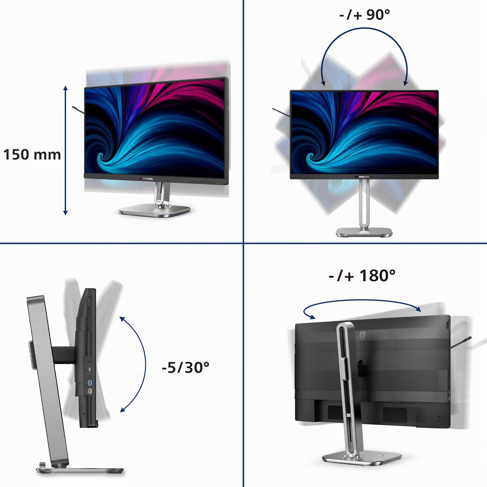 Philips Moniteur 24B2U4301 24 Pouce 120Hz IPS Dalle, 4ms GtG, Ajustable en Hauteur, Haut-parleurs, USB Hub(1920x1080 HDMI 1x 1.4 DP 1x 1.4) Gris Anthracite