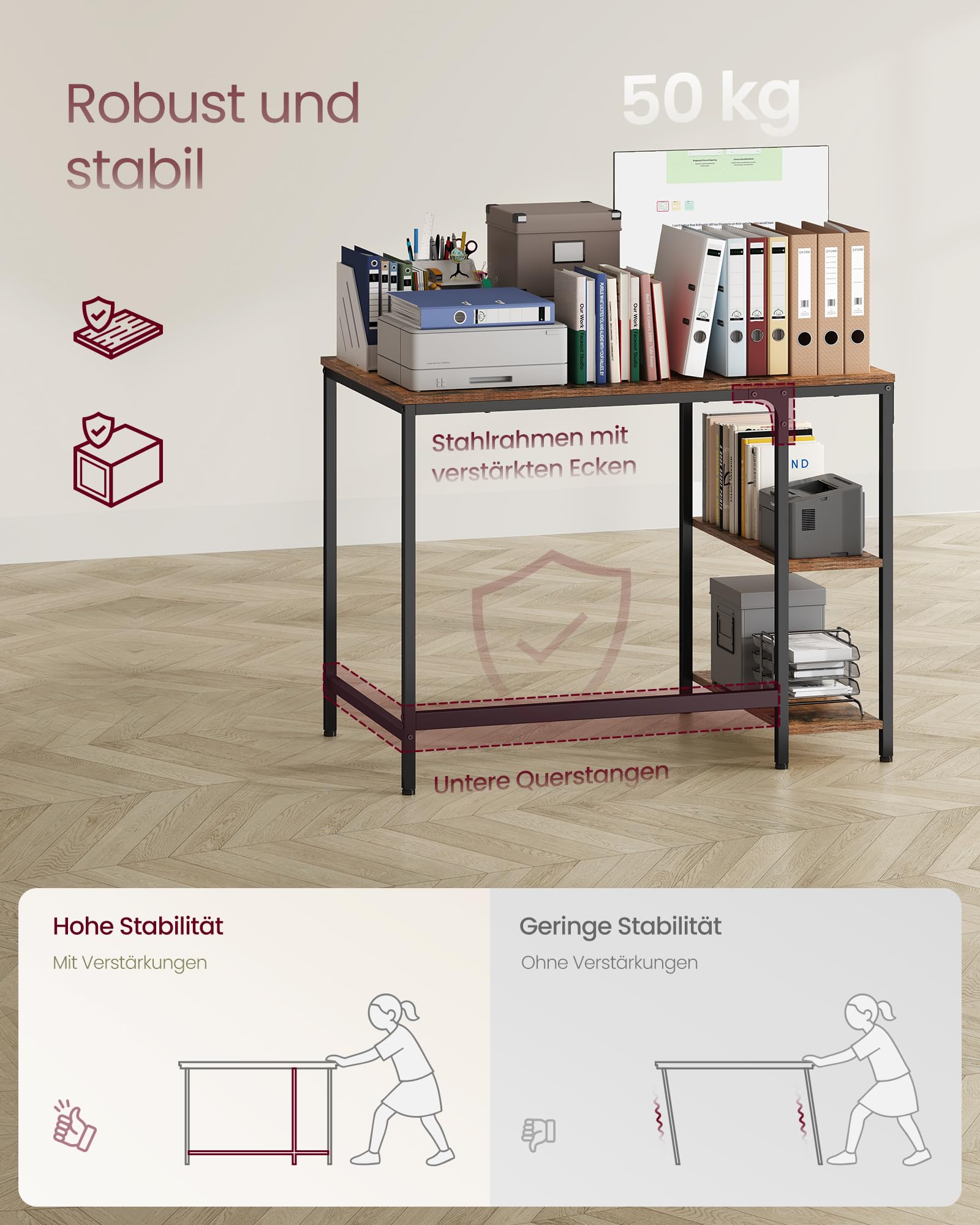 VASAGLE Tisch, Computertisch, Bürotisch, 100 x 50 x 76 cm, moderner Stil, für Arbeitszimmer, Schlafzimmer, Wohnzimmer, vintagebraun-schwarz LWD046B01