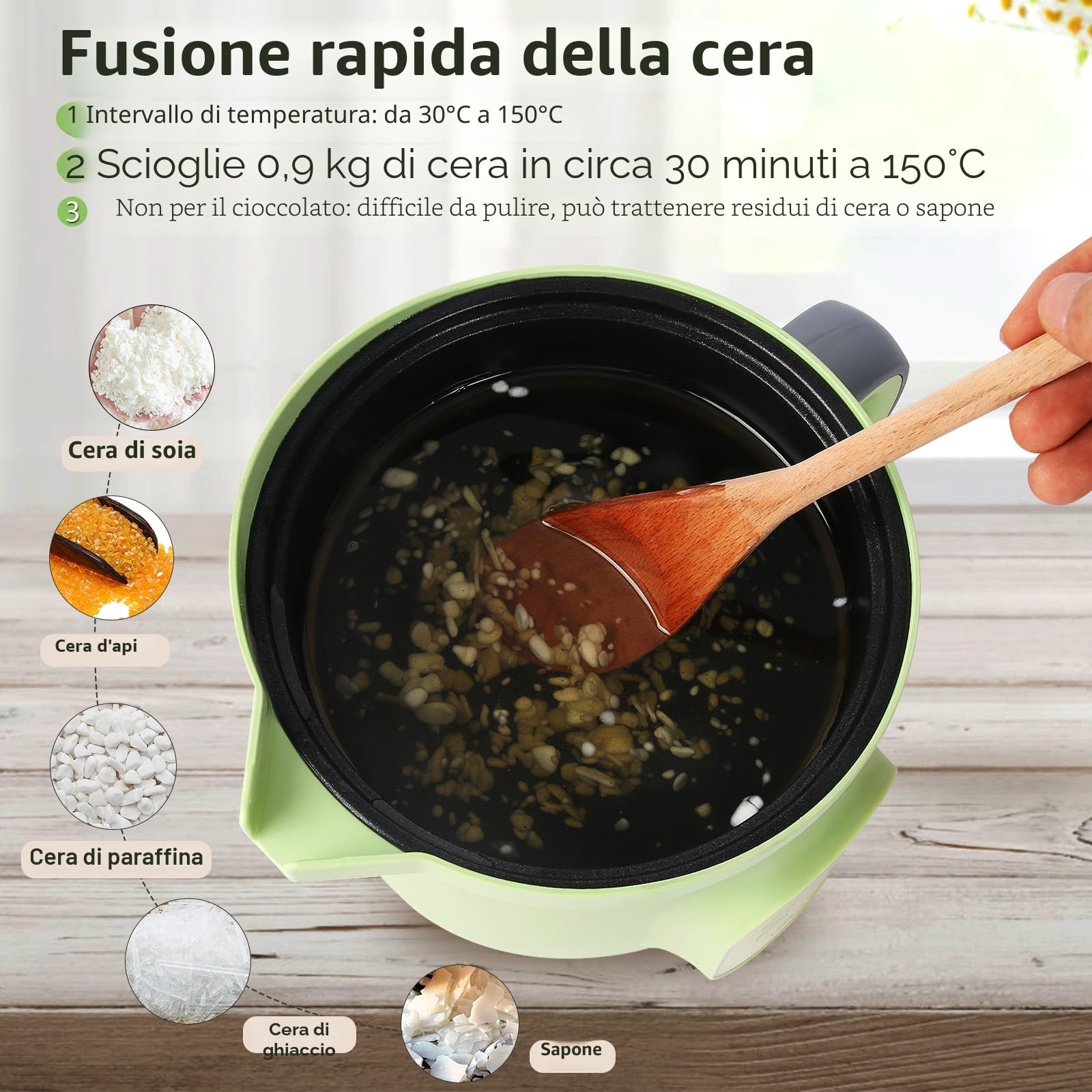 Bienslys Sciogliceera Elettrico 1,5L - Controllo temperatura 30-150°C - Rivestimento antiaderente - Beccuccio antigoccia - Per cera di soia, sapone e fai da te