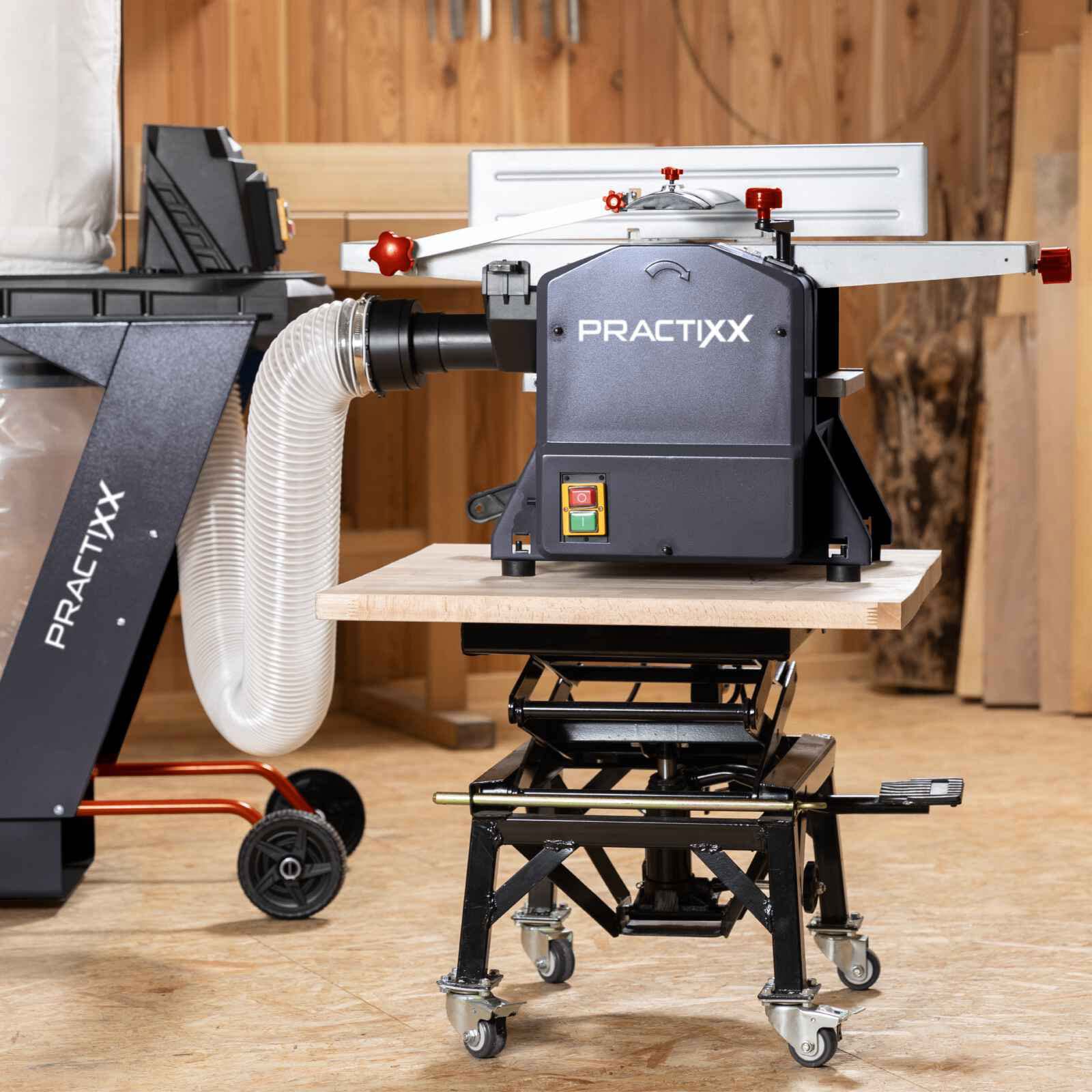 Practixx Abricht- und Dickenhobel PX-ADH-8 Hobelmaschine mit 2 HS Hobelmesser | Durchlasshöhe /-breite 120 & 204 mm | Spanabnahme 2mm | 1250W Leistung | Messerdrehzahl 9000-1 | inkl. Absauganschluss
