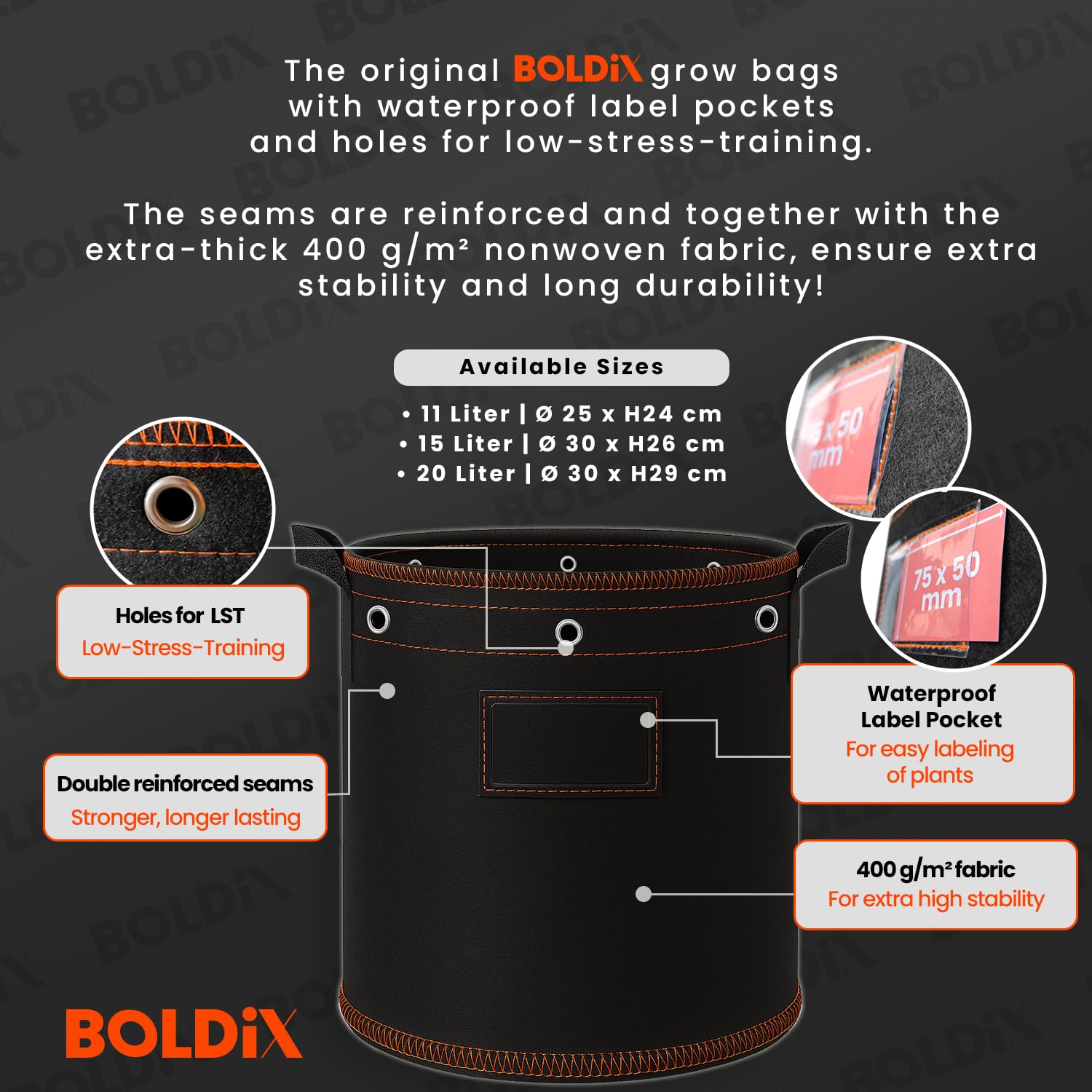 Growbags 15L V2 [Juego de 5] – Macetas de tela extra gruesas de 400 g/m² con ojales de latón para LST y bolsa de etiquetas resistente al agua | Saco de plantación de tela no tejida reutilizable