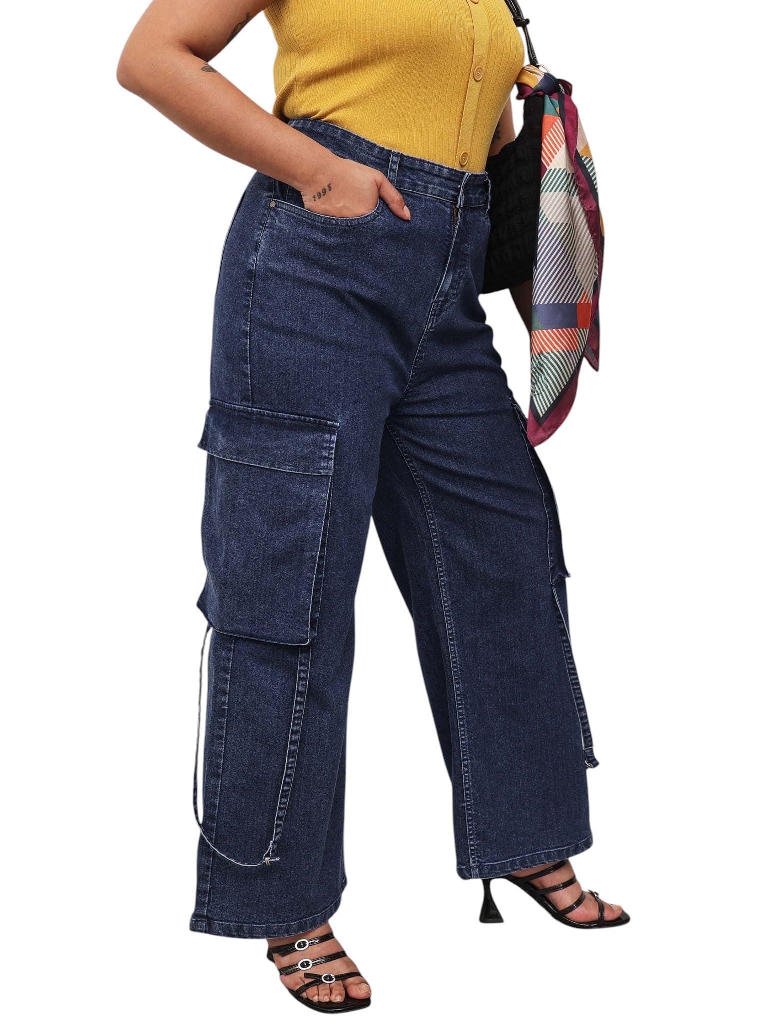 sassafras curve Women's Plus Size Wash Denim Cargo Straight Fit Jeans-picture-18