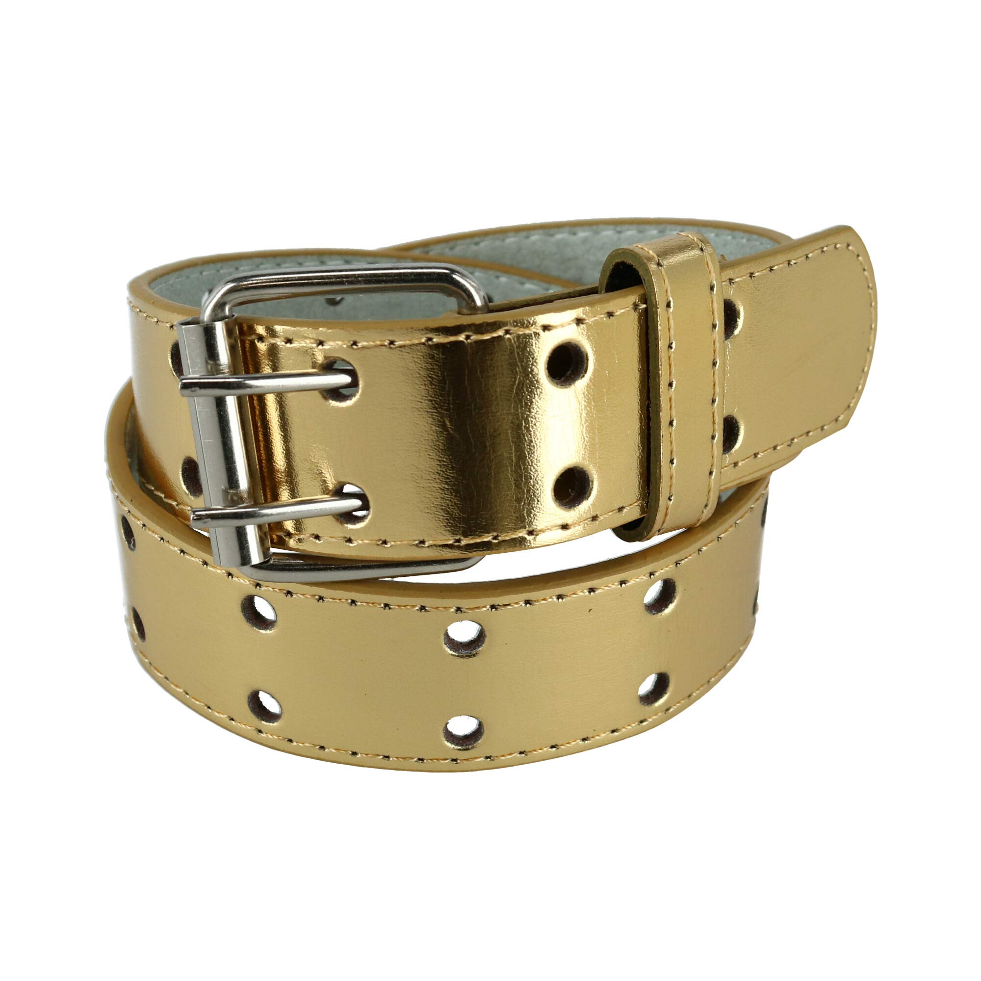 CTM Kids' 25 mm Wide Leather Two Hole Jean Belt, Xlarge, Gold