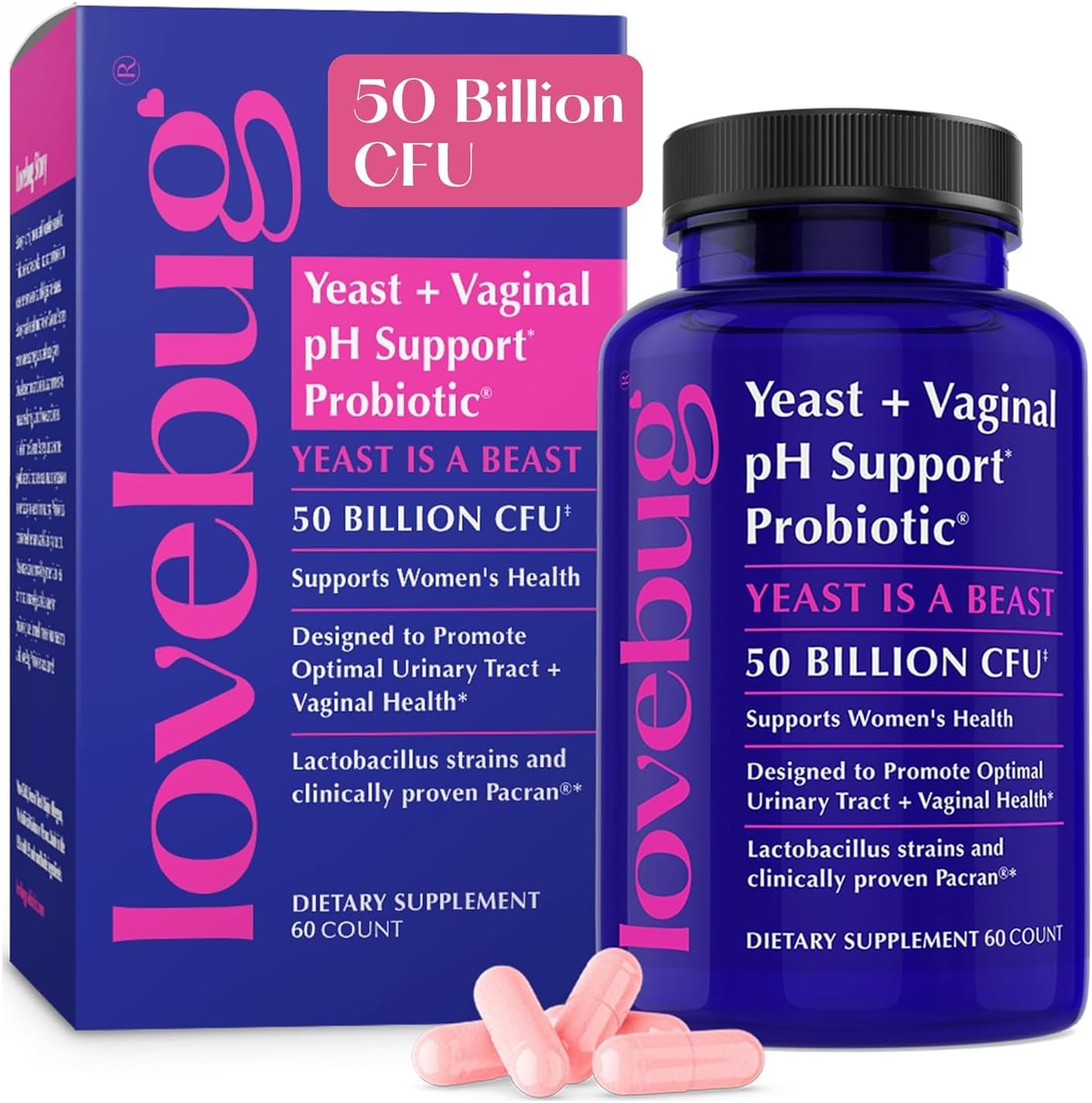 LoveBug Probiotics Yeast + Vaginal pH Support | Clinically Studied Ingredients for Yeast & UTIs | Multi Strain 50 Billion CFU | 60 Capsules