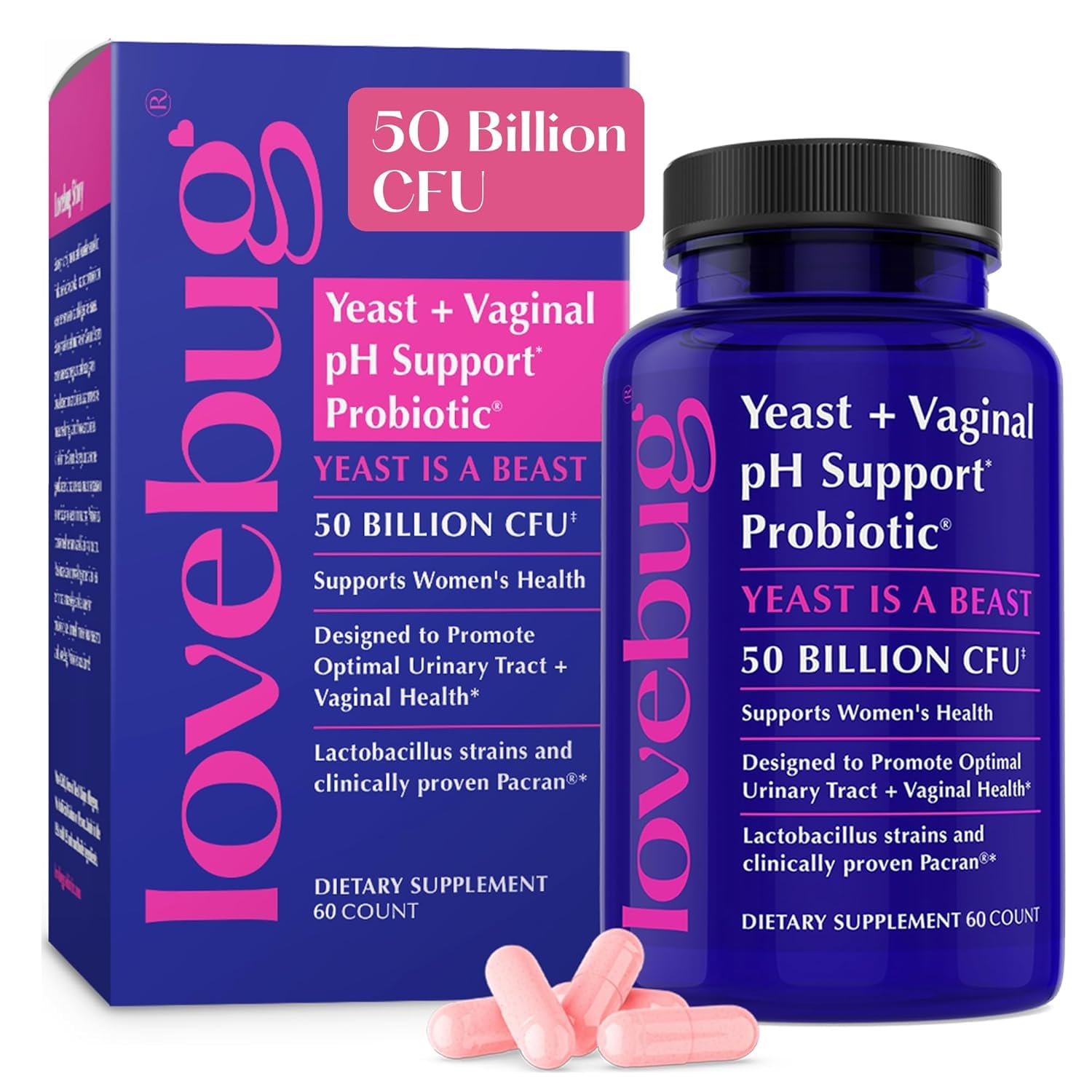 LoveBug Probiotics Yeast + Vaginal pH Support | Clinically Studied Ingredients for Yeast & UTIs | Multi Strain 50 Billion CFU | 60 Capsules