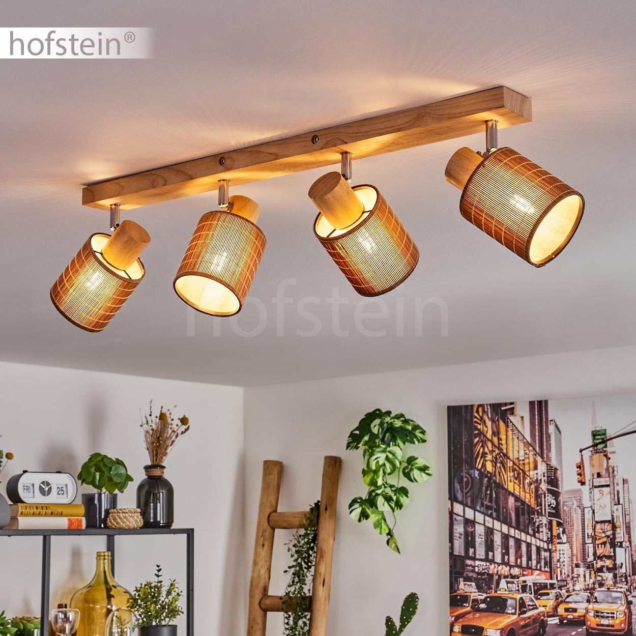 Plafoniera Kinnared, lampada da soffitto moderna in legno/metallo/bambù nei colori naturali/cromati/marrone, lampada a 4 luci dal design scandinavo con faretti regolabili, 4 x E14, senza lampadine