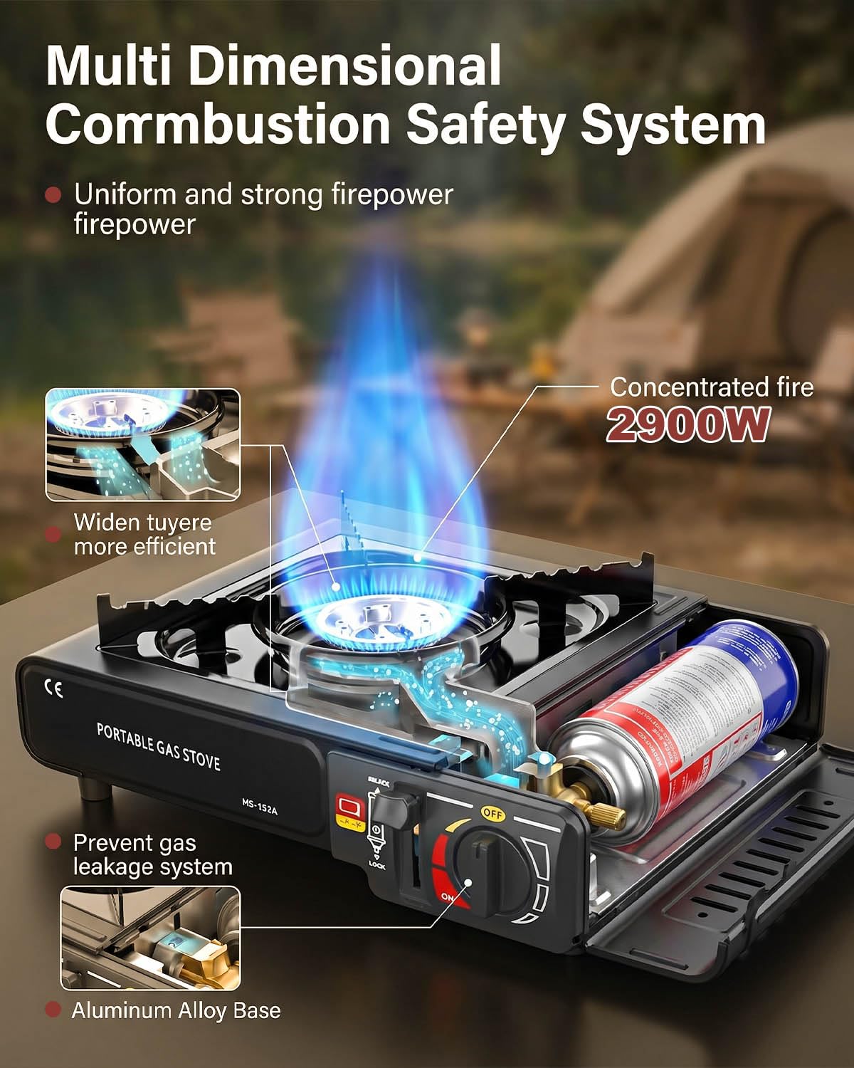 Réchaud à gaz de camping portable avec étui de transport, réchaud de camping coupe-vent avec allumage facile, réchaud à gaz d'extérieur compact pour pique-nique, camping et barbecue