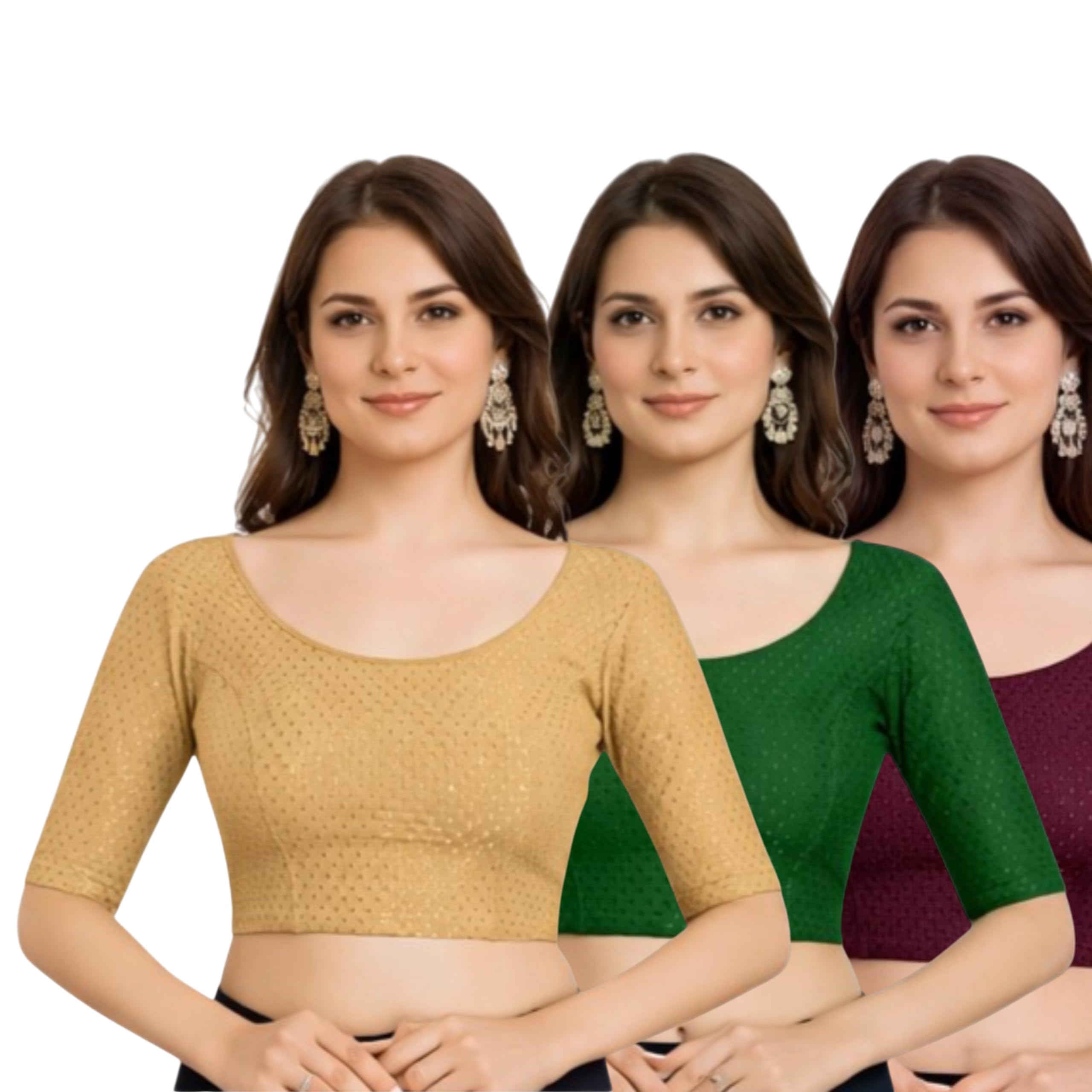 Blouses for Women Readymade Stylish Pack of 3 | Ready to Wear Saree Blouse Combo Set | Stretchable Cotton Blend Elbow Sleeve Choli | Premium Textured Ethnic Wear-picture-12