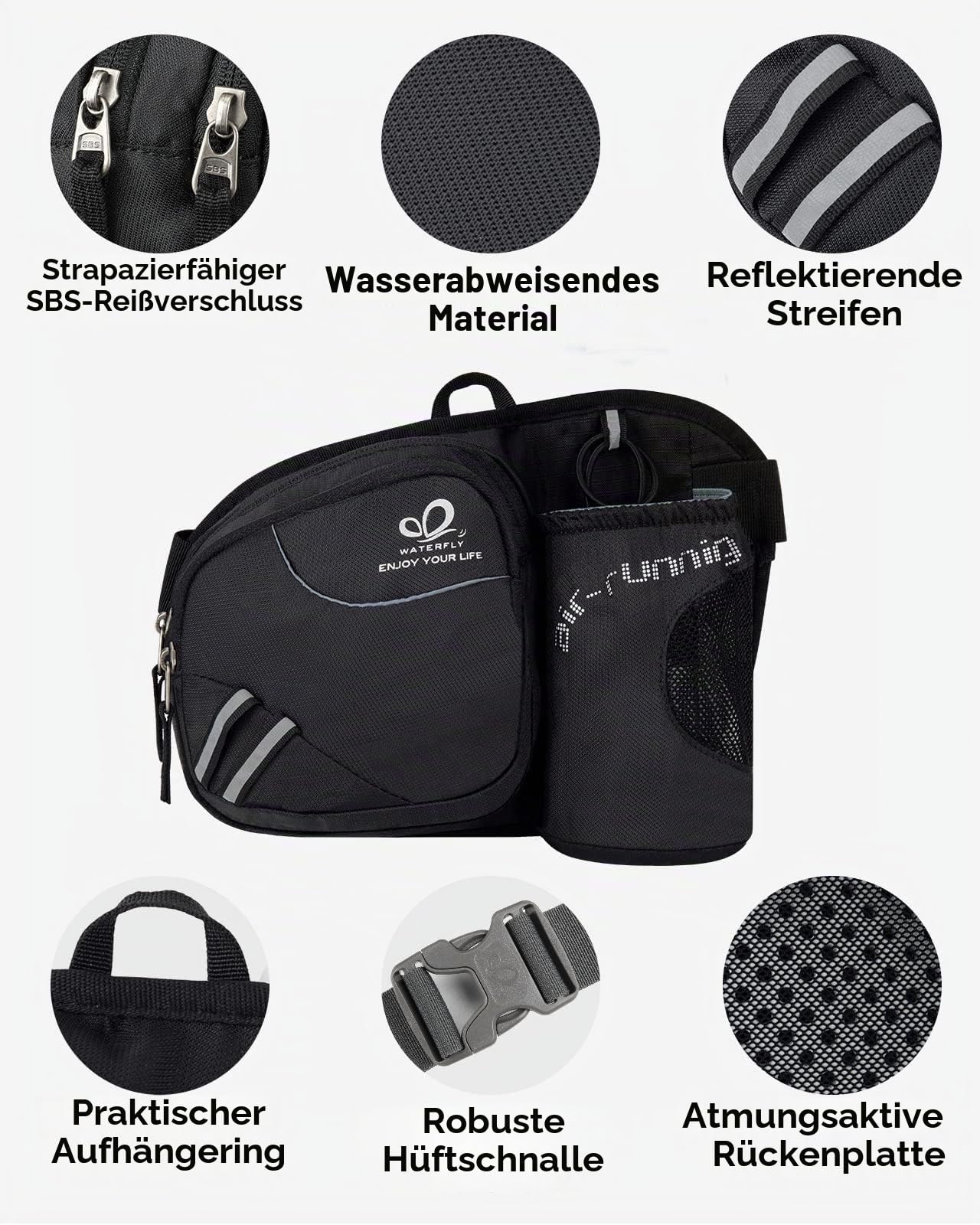 WATERFLY Gürteltasche Bauchtasche mit Flaschenhalter Damen und Herren, Atmungsaktiv Sport Hüfttasche für Laufen Radfahren Camping Klettern Reisen Wandern Joggen Hundetraining