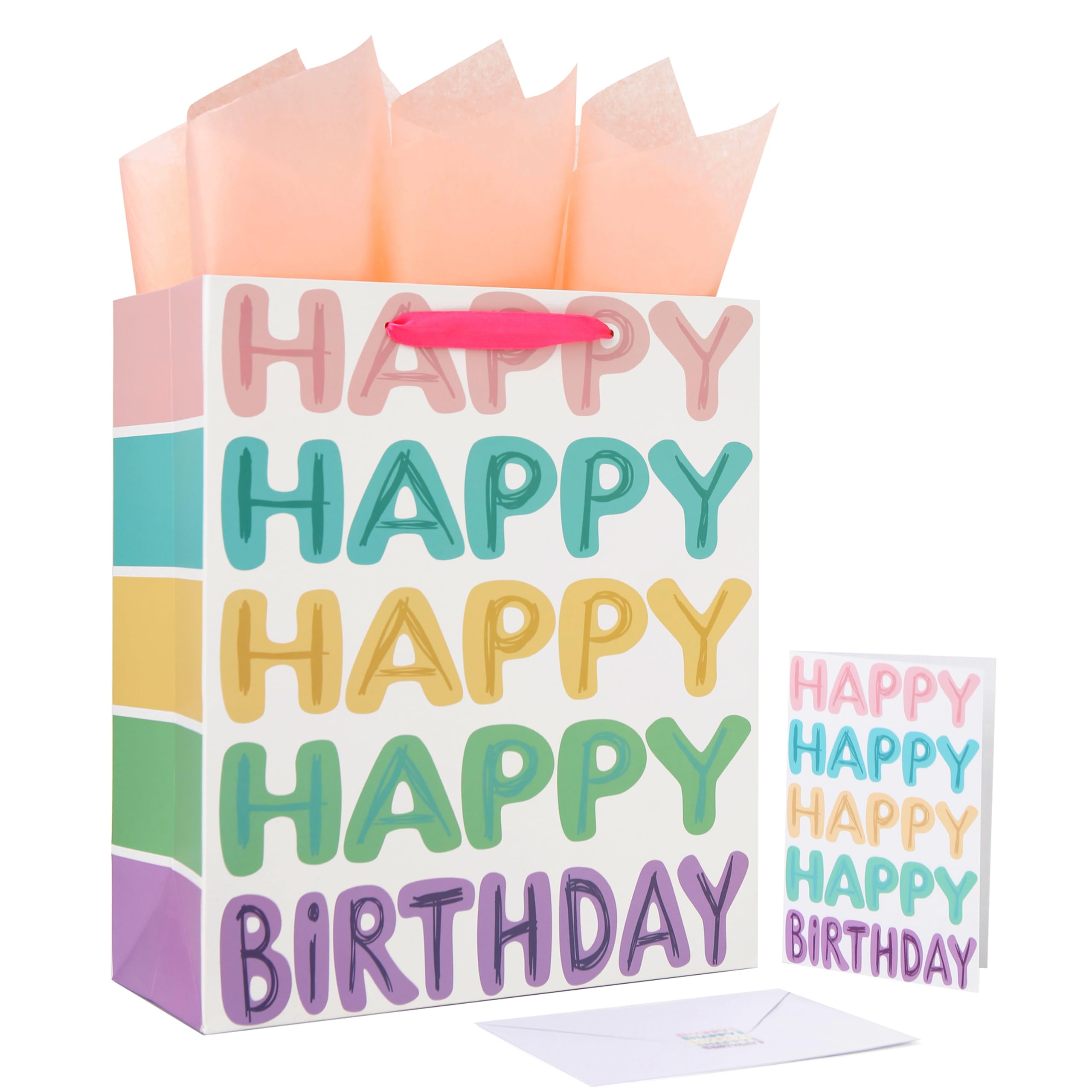 13" Large Colorful Gift Bag Set with Greeting Card and Tissue Papers (Happy Happy Happy Happy Birthday) for Girls' Birthday Party, Women's Birthday