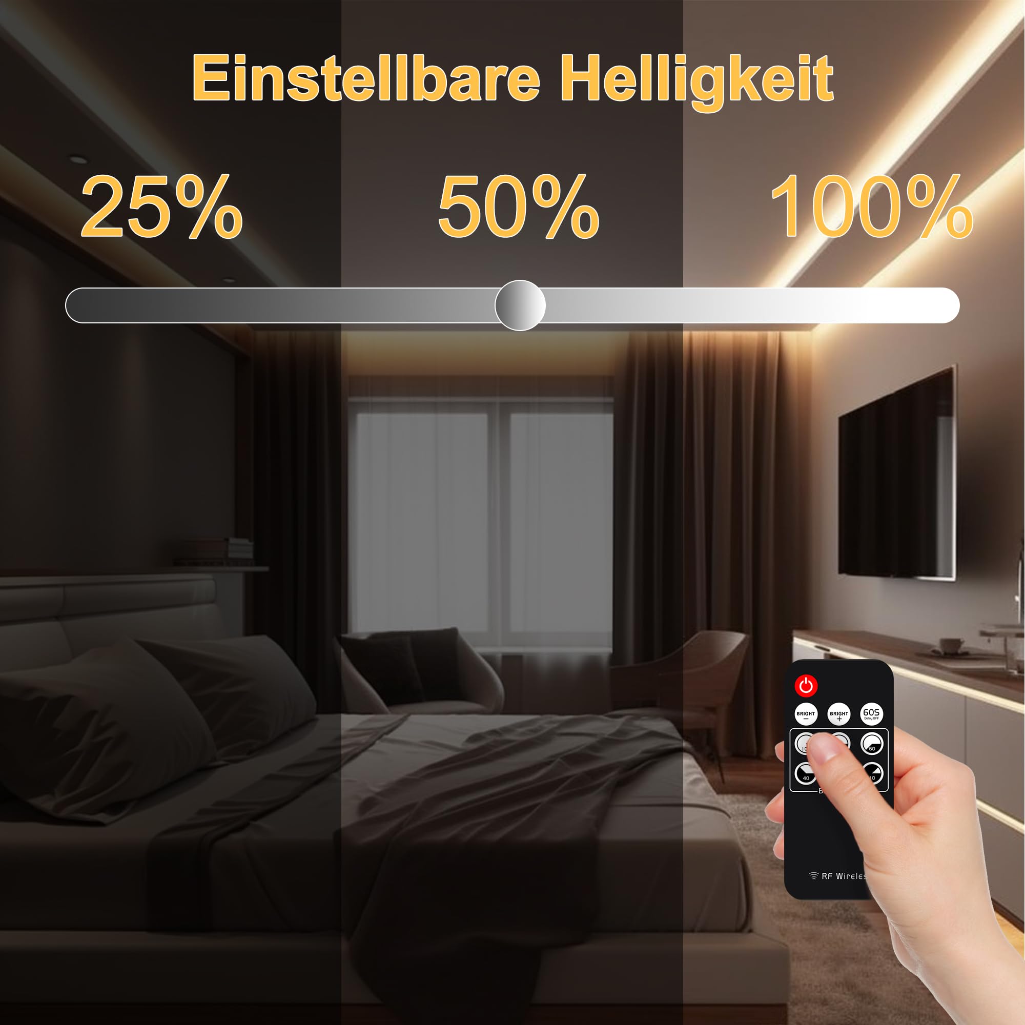 AXMOTUT LED Strip 3m, COB LED Streifen Warmweiss 2700K, LED Lichtband 24V 320LEDs/M, Dimmbar Led Streifen 3Meter mit RF Fernbedienung und Netzteil, CRI90 für Zuhause Partei deko, DIY Dekoration