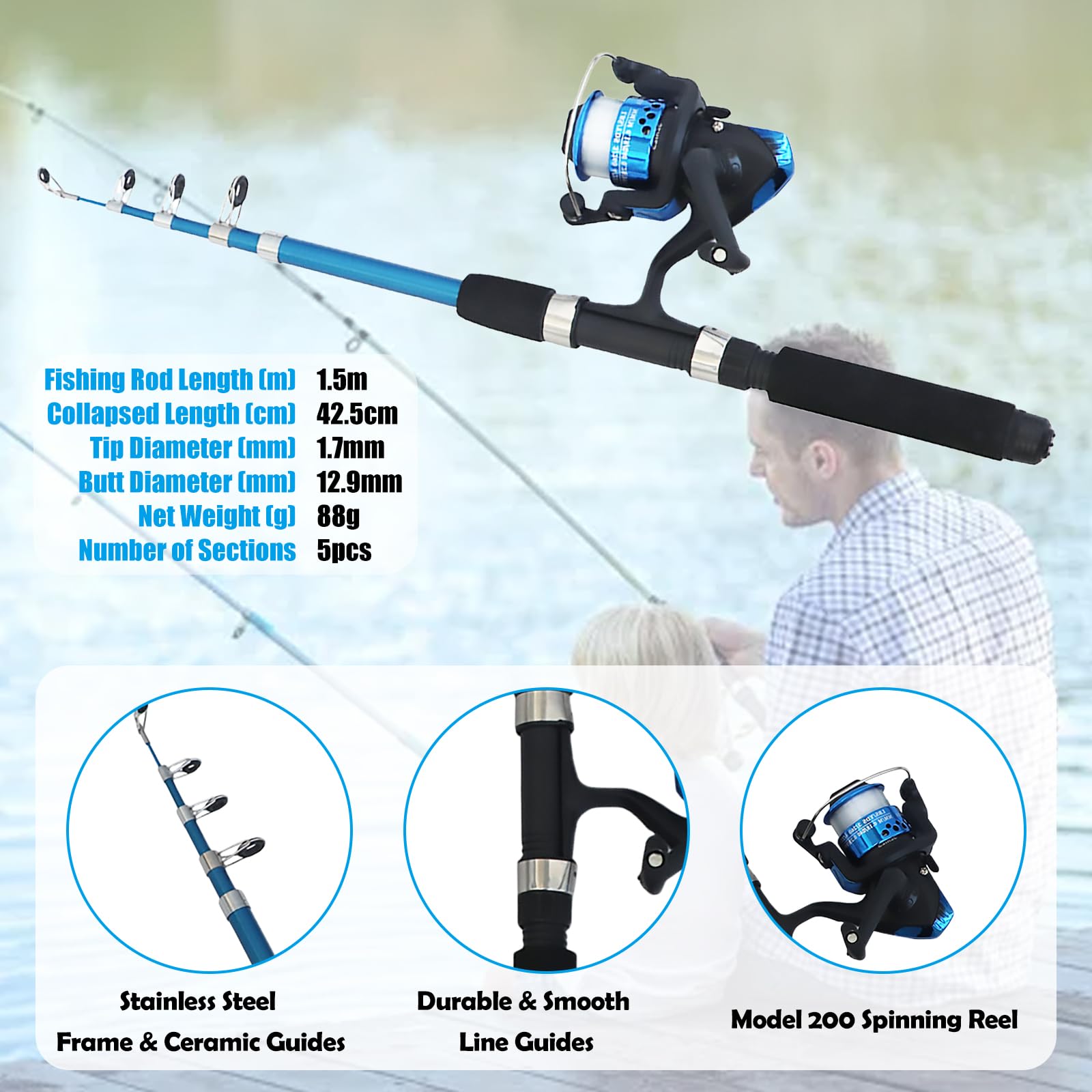 Kit de Canne à Pêche pour Enfants, Canne a Peche Enfant 150cm avec Moulinet et Leurres, pour Débutants, Ensemble Complet avec Accessoires et Sac de Transport pour Garçons et Filles