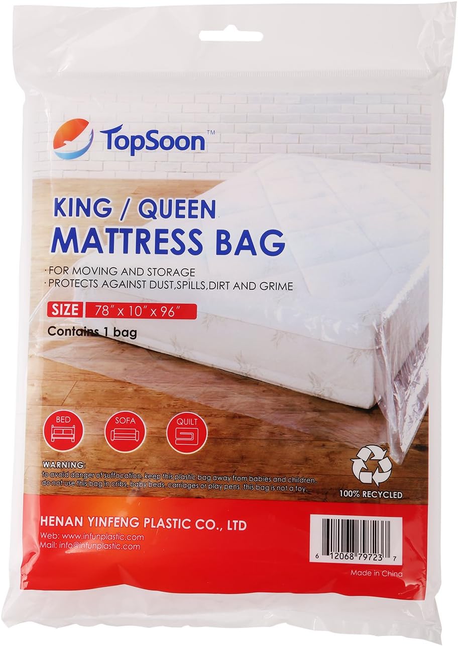 TopSoon large size Heavy Duty Protective Plastic Mattress Case Mattress Bags 78"x96" for Mattress Storage and Moving Waterproof Anti-Tear Storage Bag