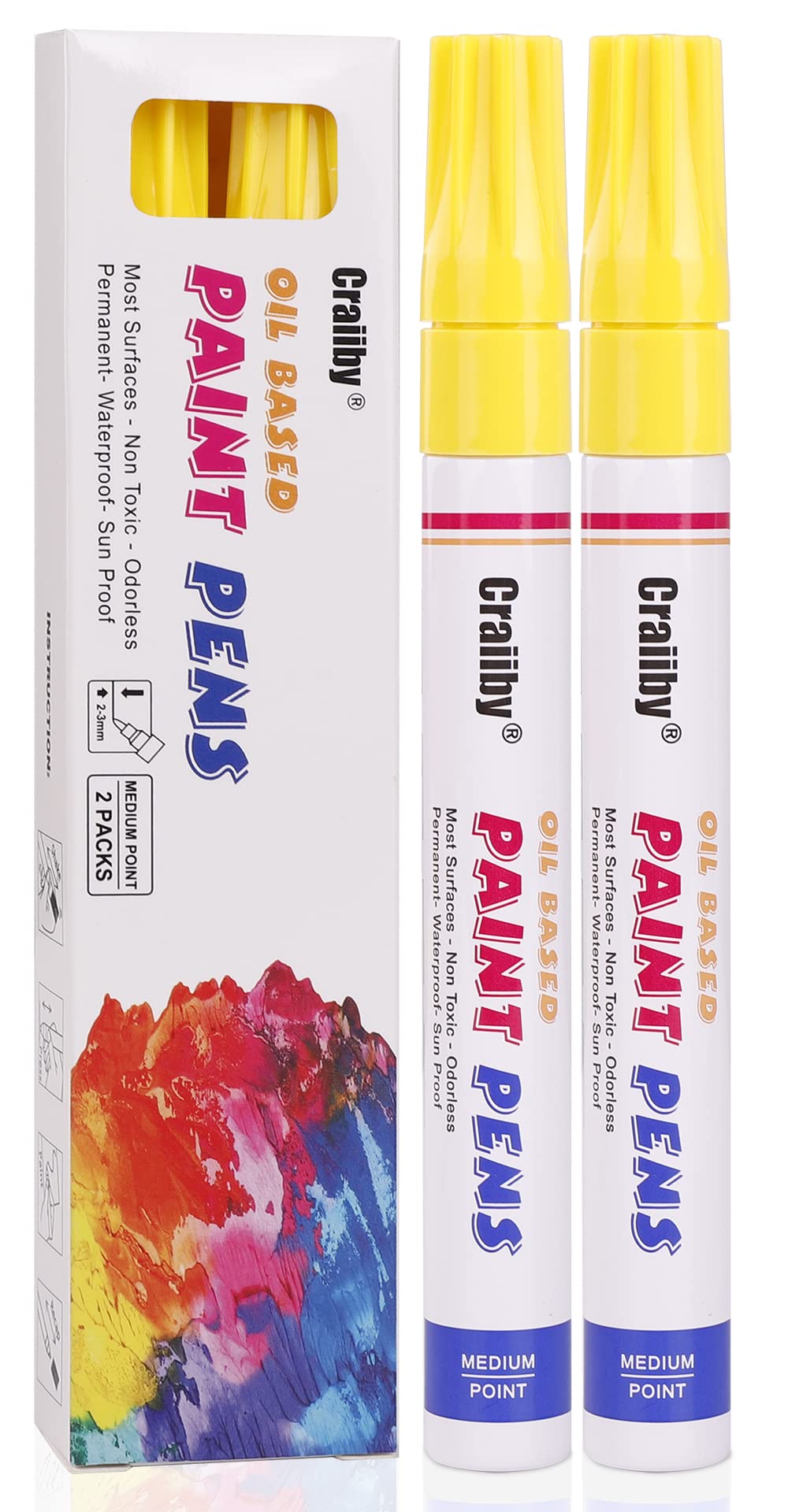 Yellow Paint Markers, 2 Pack Oil-Based Waterproof Quick Dry Permanent Paint Pen Set for Rocks Painting, Wood, Fabric, Plastic, Canvas, Glass, Mugs, Metal, Tire, Stone, DIY Craft
