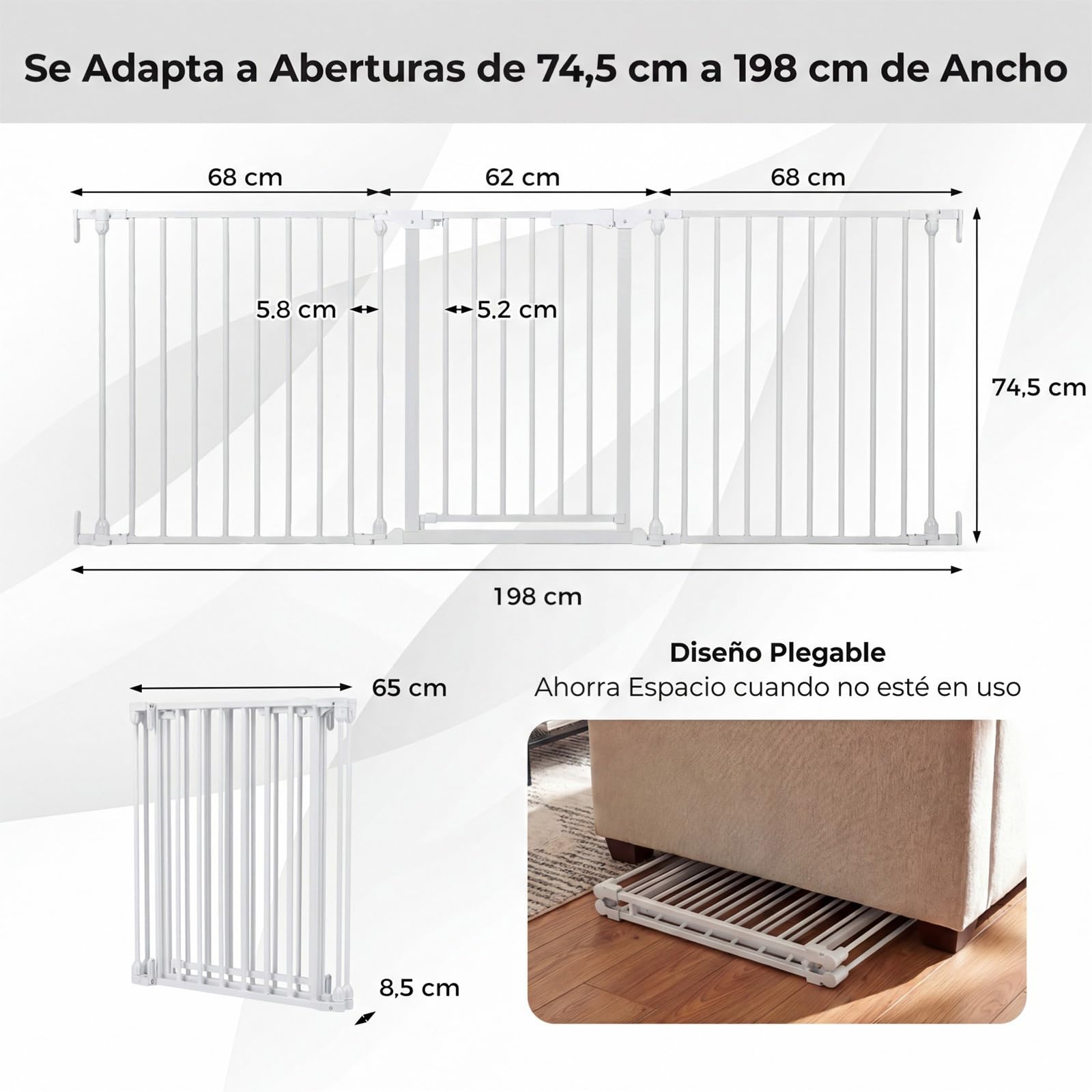 COSTWAY Barrera de Seguridad para Niños, 74,5-198 x 74,5 cm, Valla de Seguridad de 3 Paneles con Doble Bloqueo, Apertura en Dos Direcciones, Puerta Escalera de Metal para Bebés y Perros (Blanco)