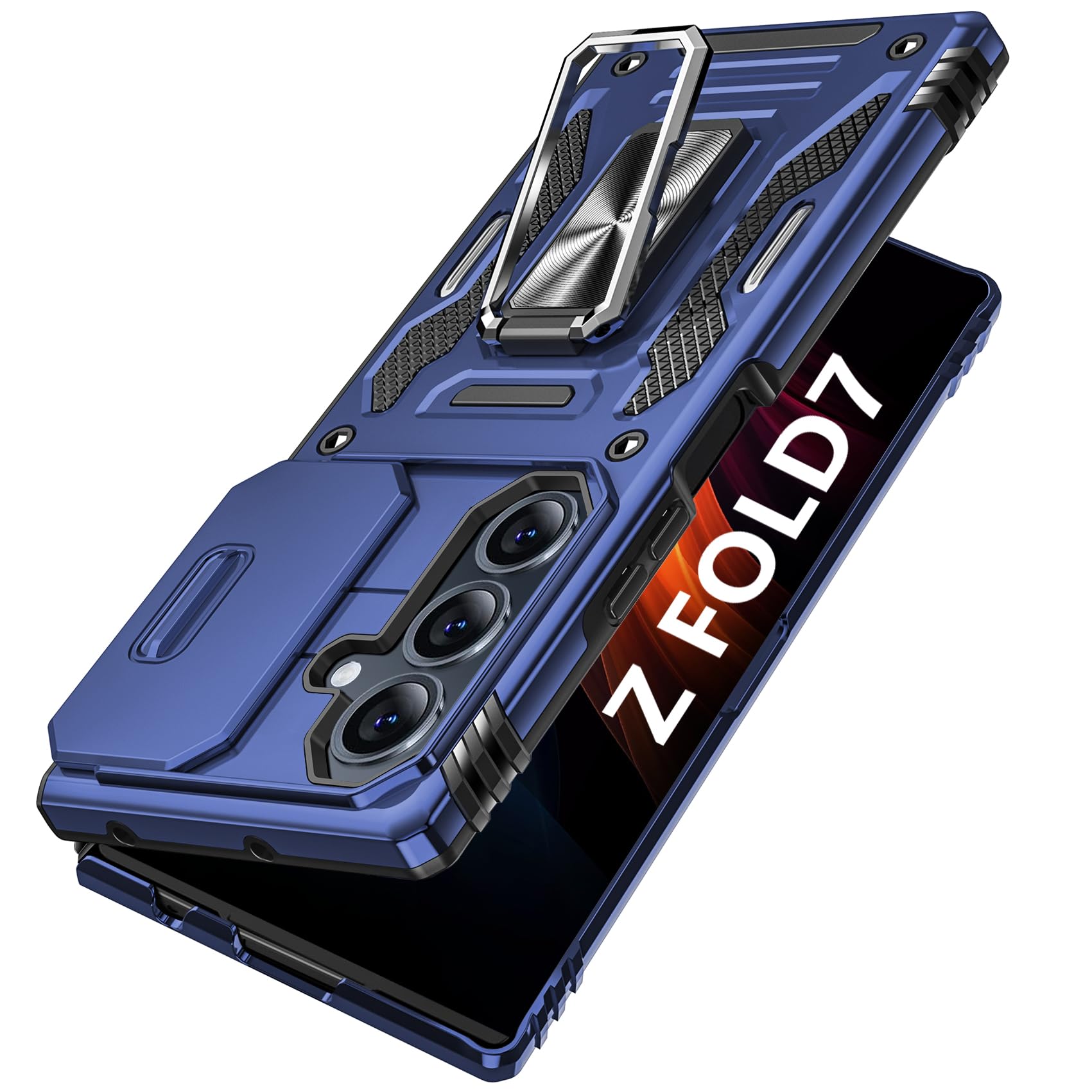 JSTNMEBO Galaxy Z Fold7 用ケース リング付き 耐衝撃 レンズ保護 TPU+PC 二重構造 バンパー 車載ホルダー対応 360°回転 スタンド機能 スマホカバー ギャラクシーゼット フォールド7 用ケース 一体型 携帯カバー 青 J12-129