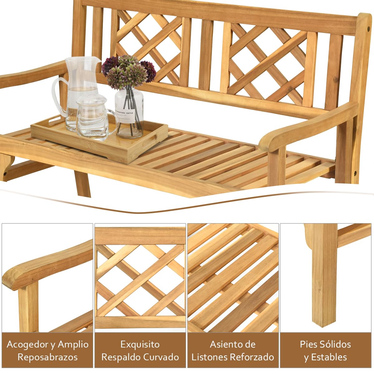 RELAX4LIFE Banco de Jardín Plegable de Madera Acacia con Reposabrazos para 2-3 Personas, Banco Exterior Ergonómico para Terraza, Balcón y Jardín, 120 x 56 x 90 cm, Carga 320 kg, Natural