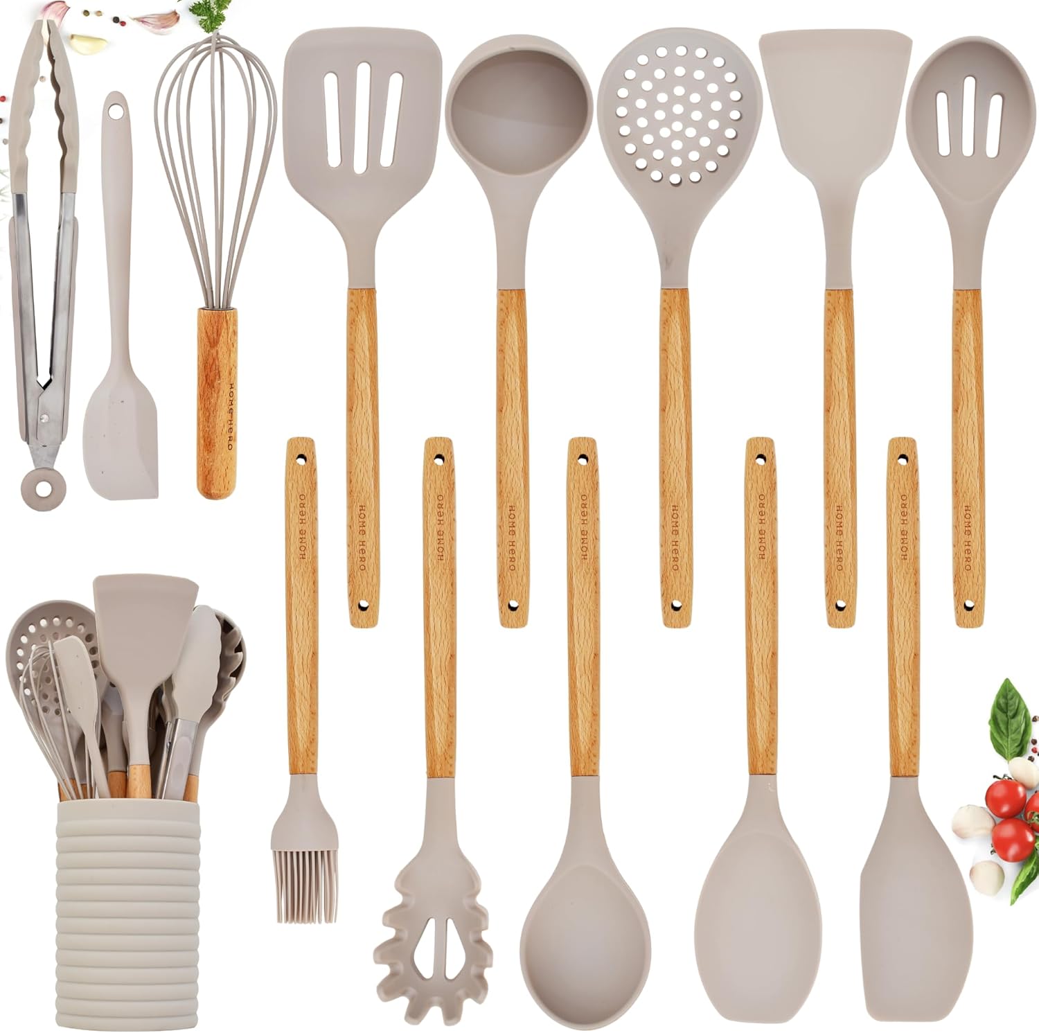 Home Hero Silicone Kitchen Utensils Set with Wooden Handle – Non-Stick Silicone Cooking Utensils Set – BPA Free Silicone Spatula Set – Heat Resistant Wooden Kitchen Utensil Set (14 Pcs – Stone) Home Hero Silicone Kitchen Utensils Set with Wooden Handle – Non-Stick Silicone Cooking Utensils Set – BPA Free Silicone Spatula Set – Heat Resistant Wooden Kitchen Utensil Set (14 Pcs – Stone)