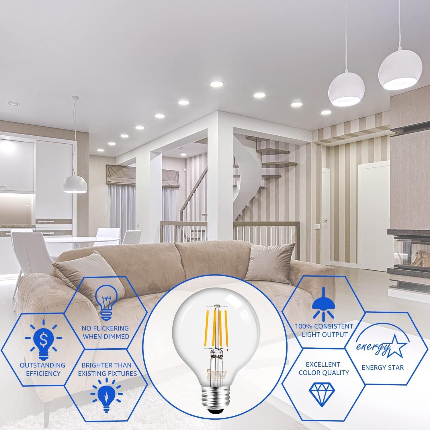 Mastery MART G25 Globe Light Bulbs, Dimmable, E26 Base, 60W Equivalent, 5000K Daylight White, Vintage Filament for Bathroom Mirror, 5.5W LED, UL Listed, Energy Star, 6-Pack